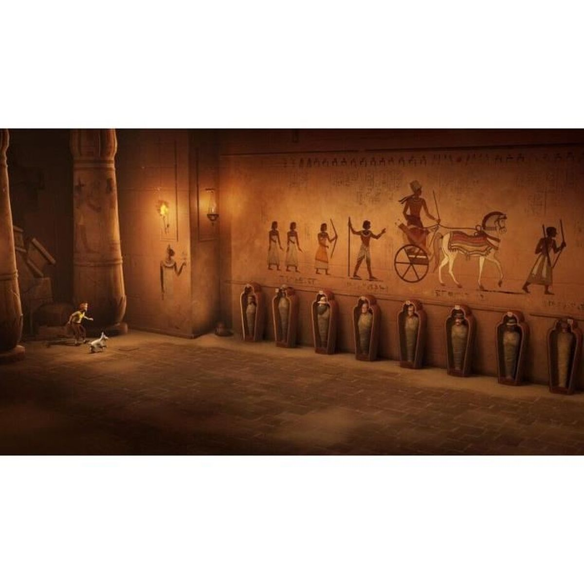 Eine altägyptische Grabszene mit Hieroglyphen, Mumien und Figuren.
