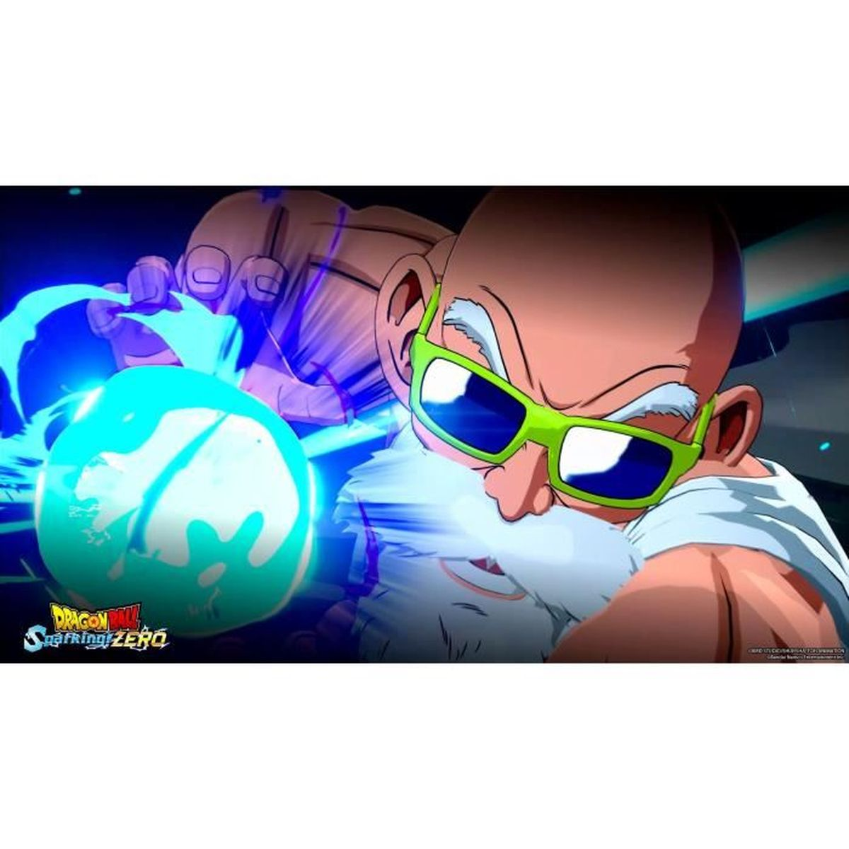 Mastro Muten di Dragon Ball Z con una sfera energetica blu e occhiali verdi.
