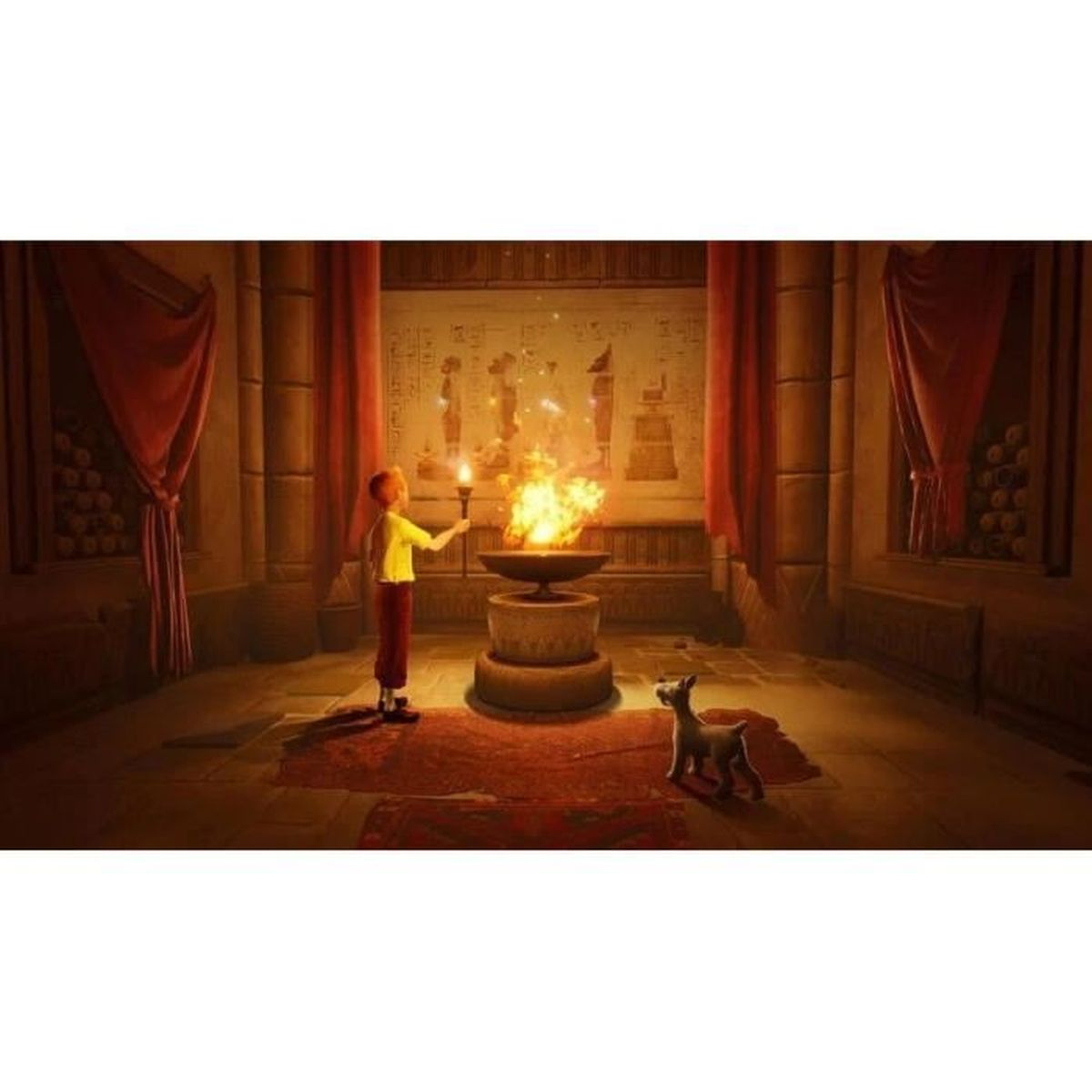 Tim mit einer Fackel in einem Tempel mit Hund, Feuer in einer Steinschale.