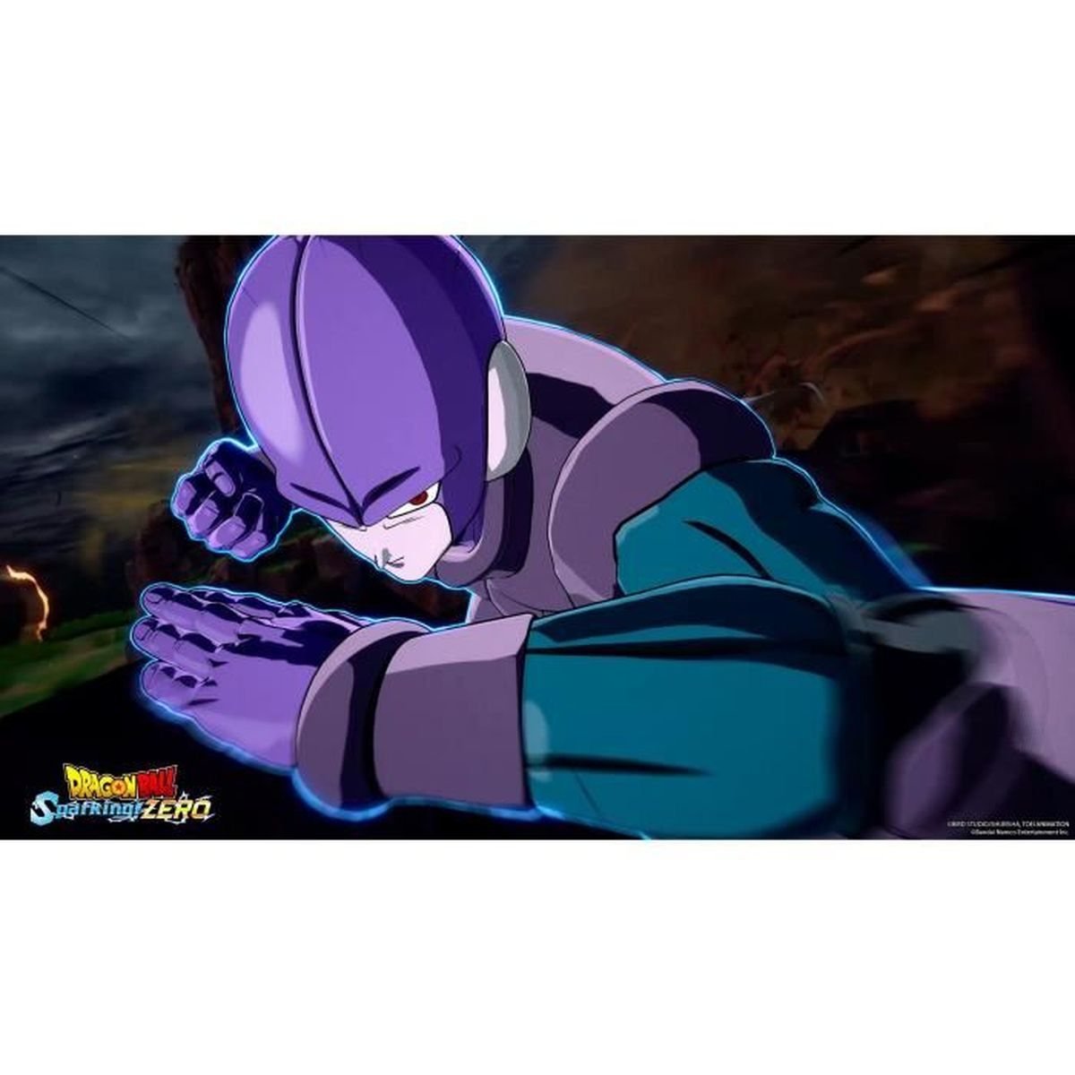 Personaggio anime con armatura viola e verde in posa da combattimento, pronto ad attaccare.