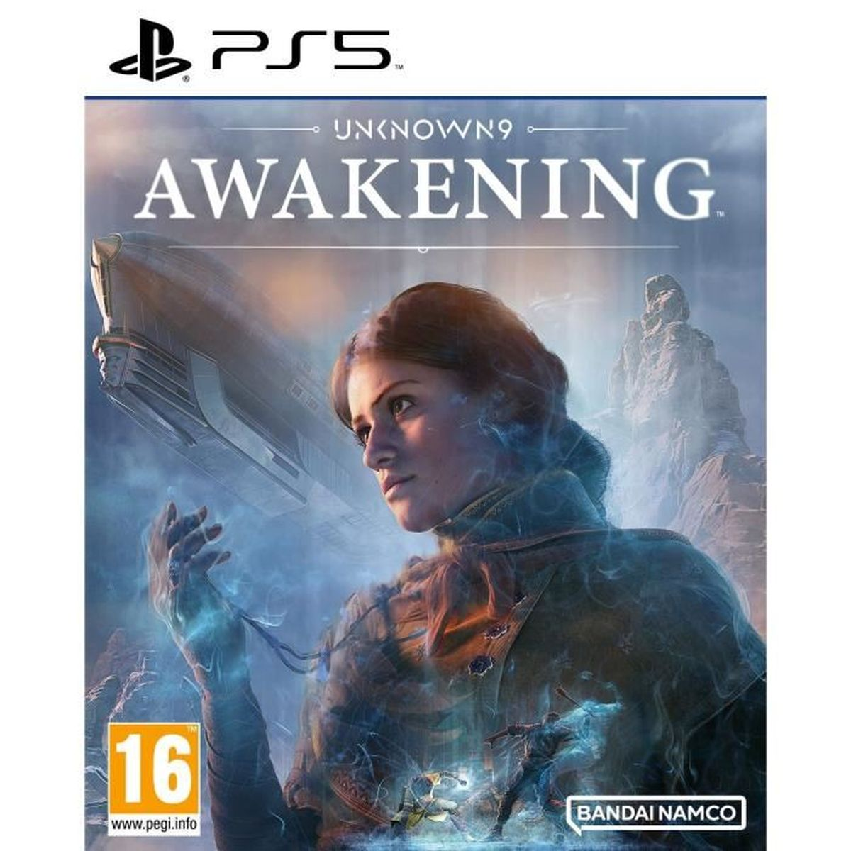 Copertina del gioco PS5 con donna e nave. Il titolo è 'Unknown9: Awakening'.