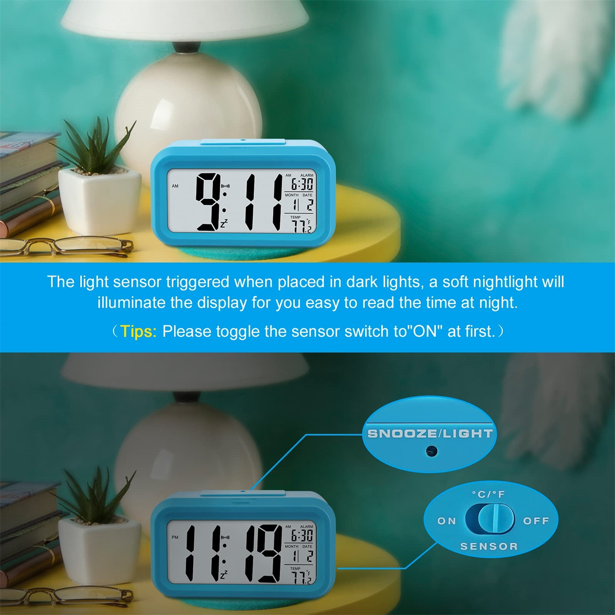Blauer digitaler Wecker mit Anzeige von Uhrzeit und Datum. Hat eine Schlummer-/Licht-Taste und einen Sensor.