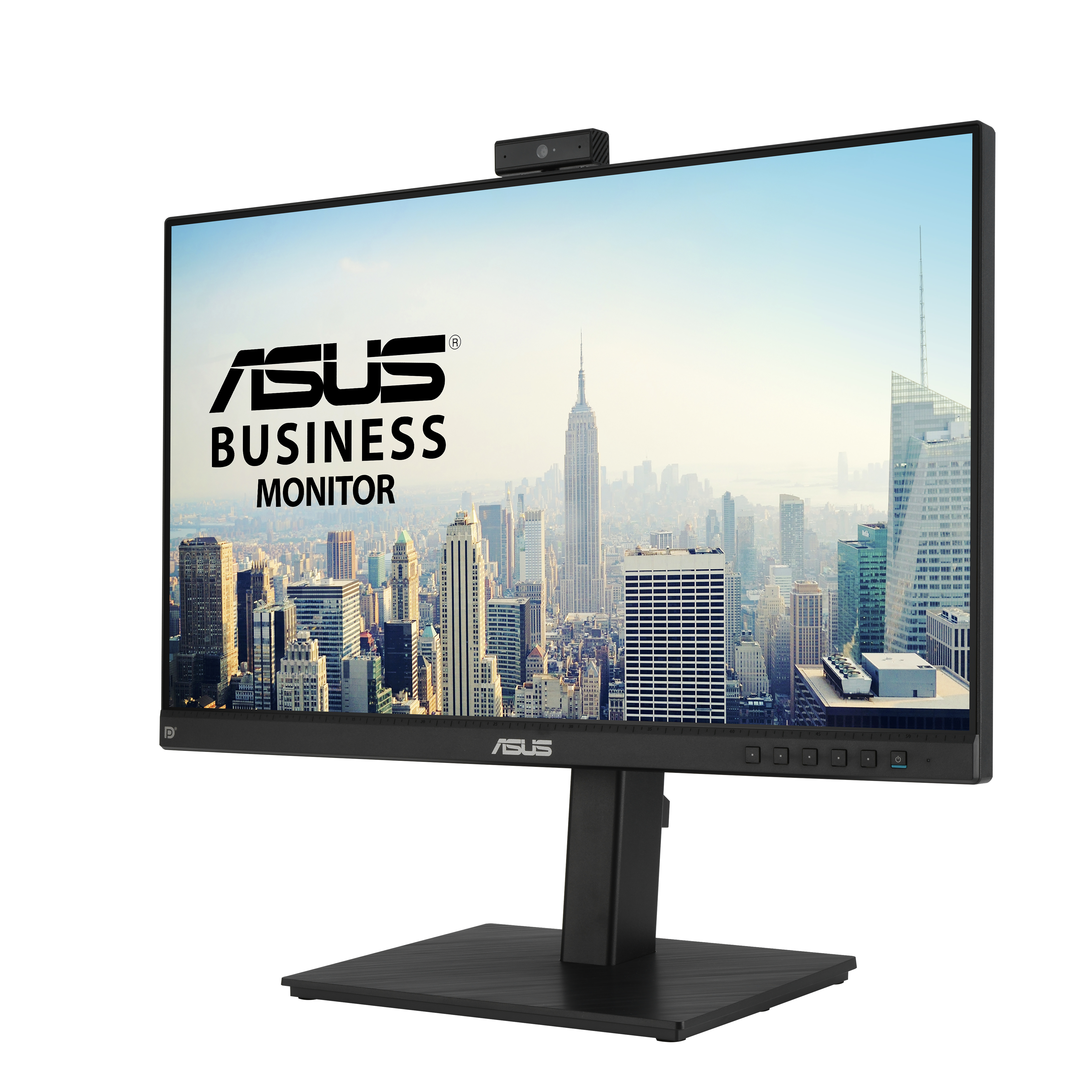 Monitor Asus con ciudad en pantalla. Base y marco negros, cámara arriba.