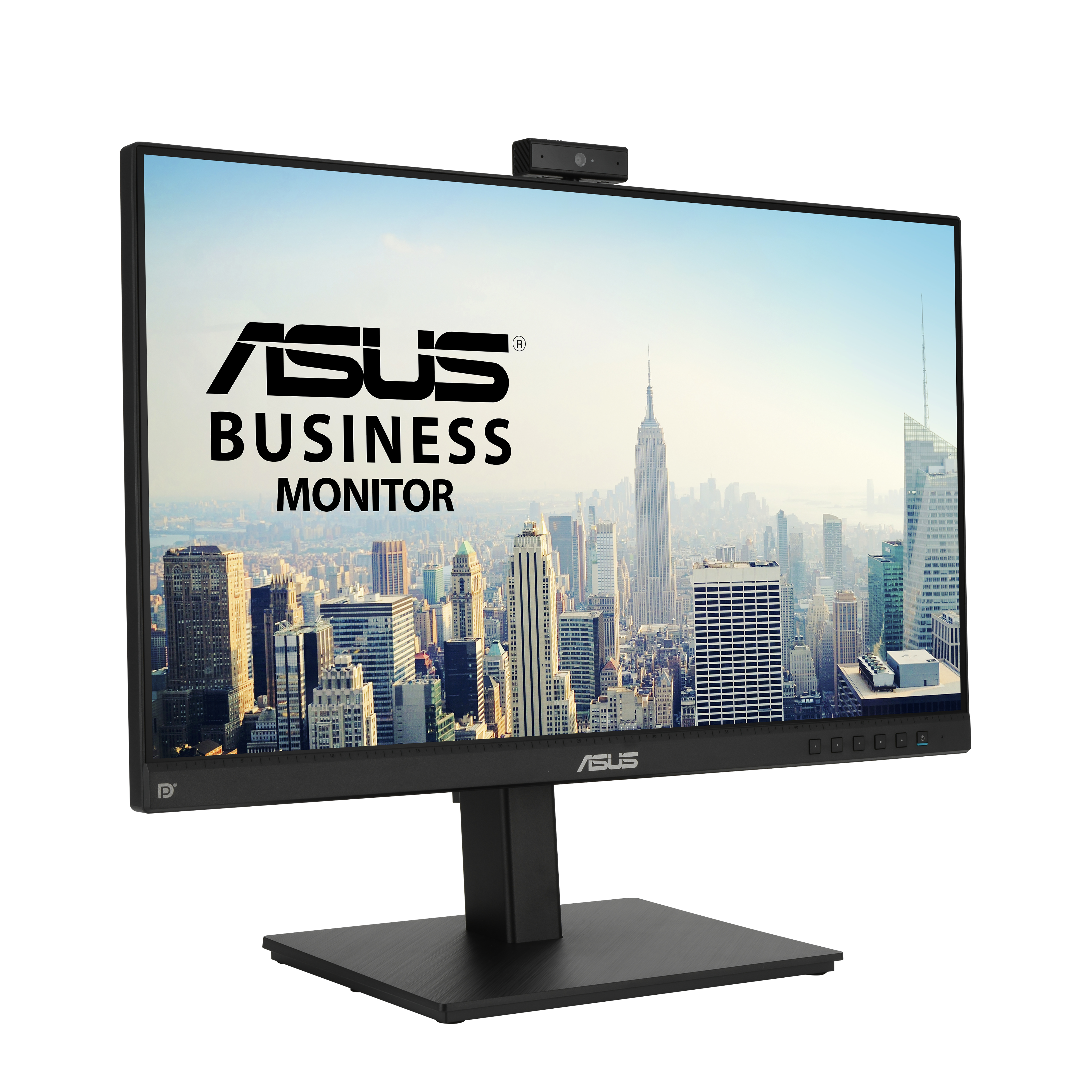 Un monitor ASUS Business con webcam, mostrando un horizonte urbano. Un soporte negro sostiene el monitor.