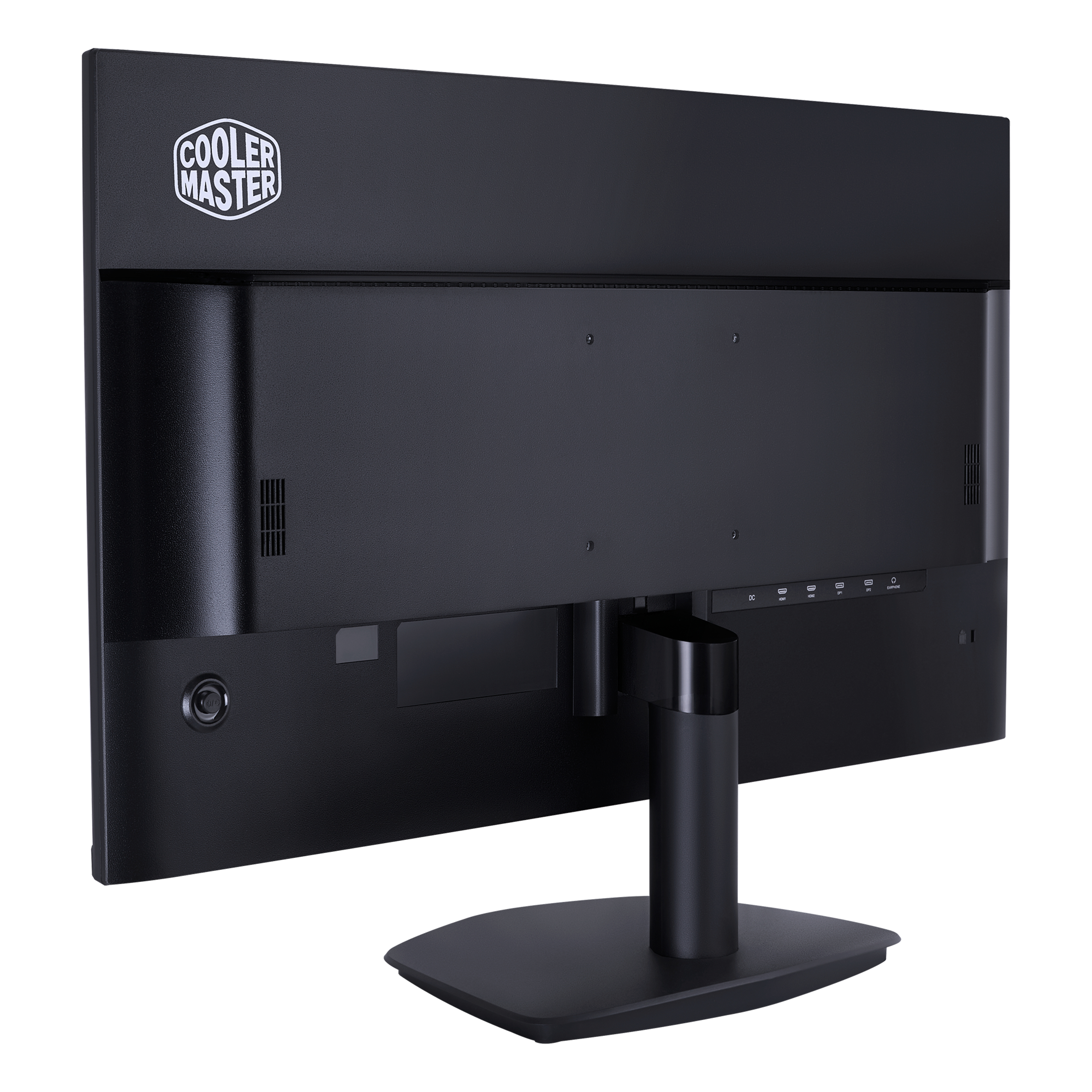 Vue arrière d'un moniteur d'ordinateur noir avec le logo Cooler Master et les ports.