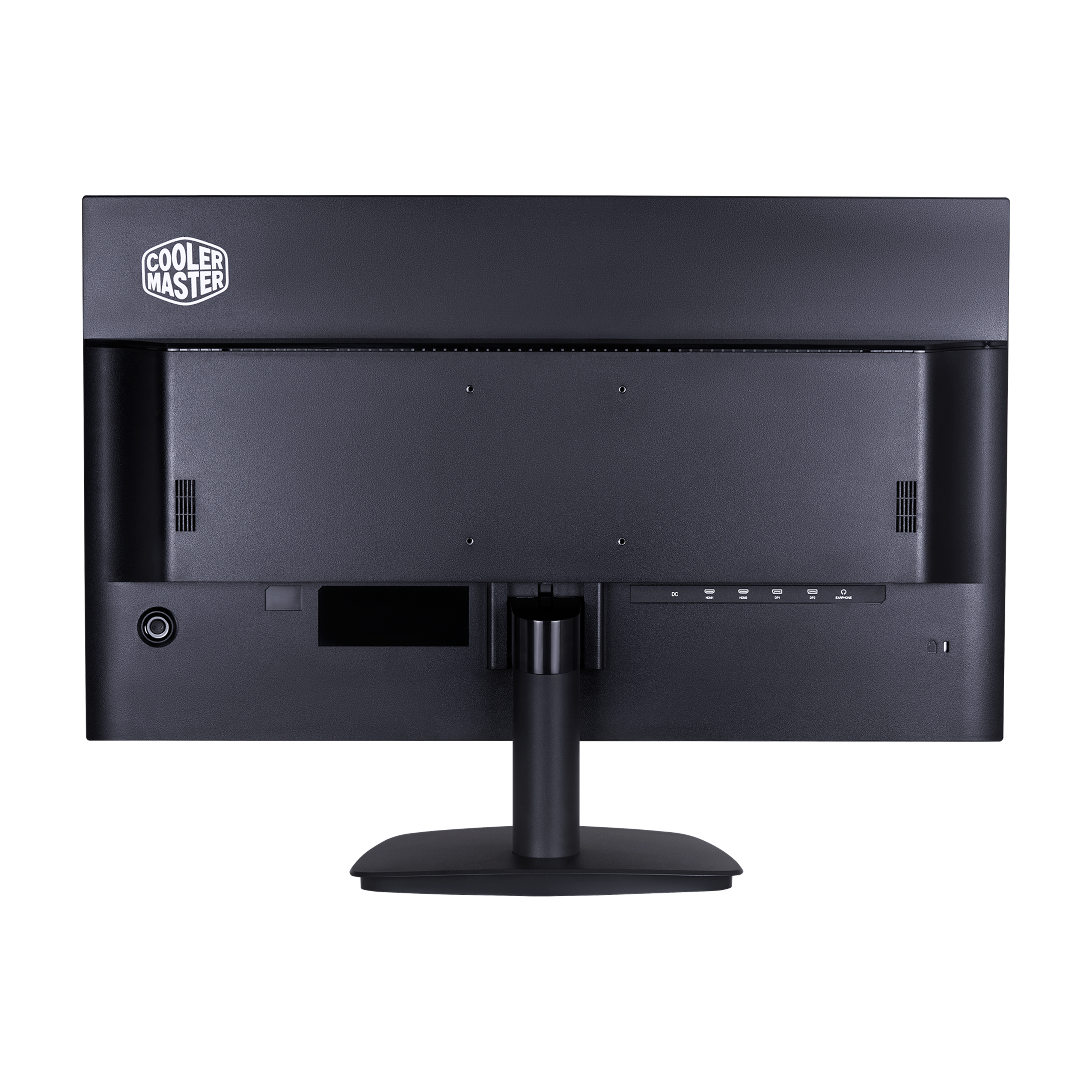 L'arrière d'un moniteur d'ordinateur noir avec plusieurs ports et un support central.