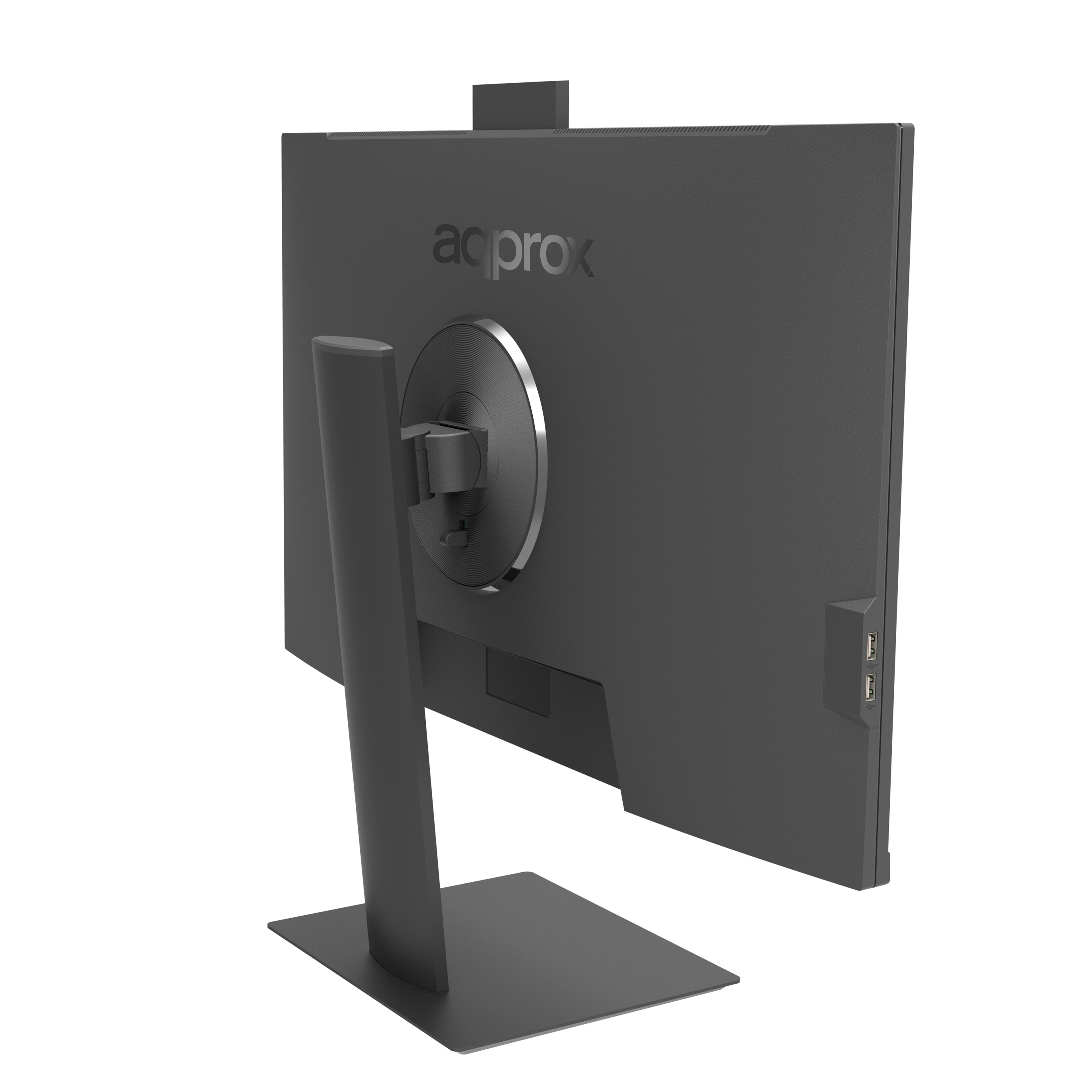 Widok z tyłu czarnego monitora na czarnym stojaku, z portami i mocowaniem kamery.