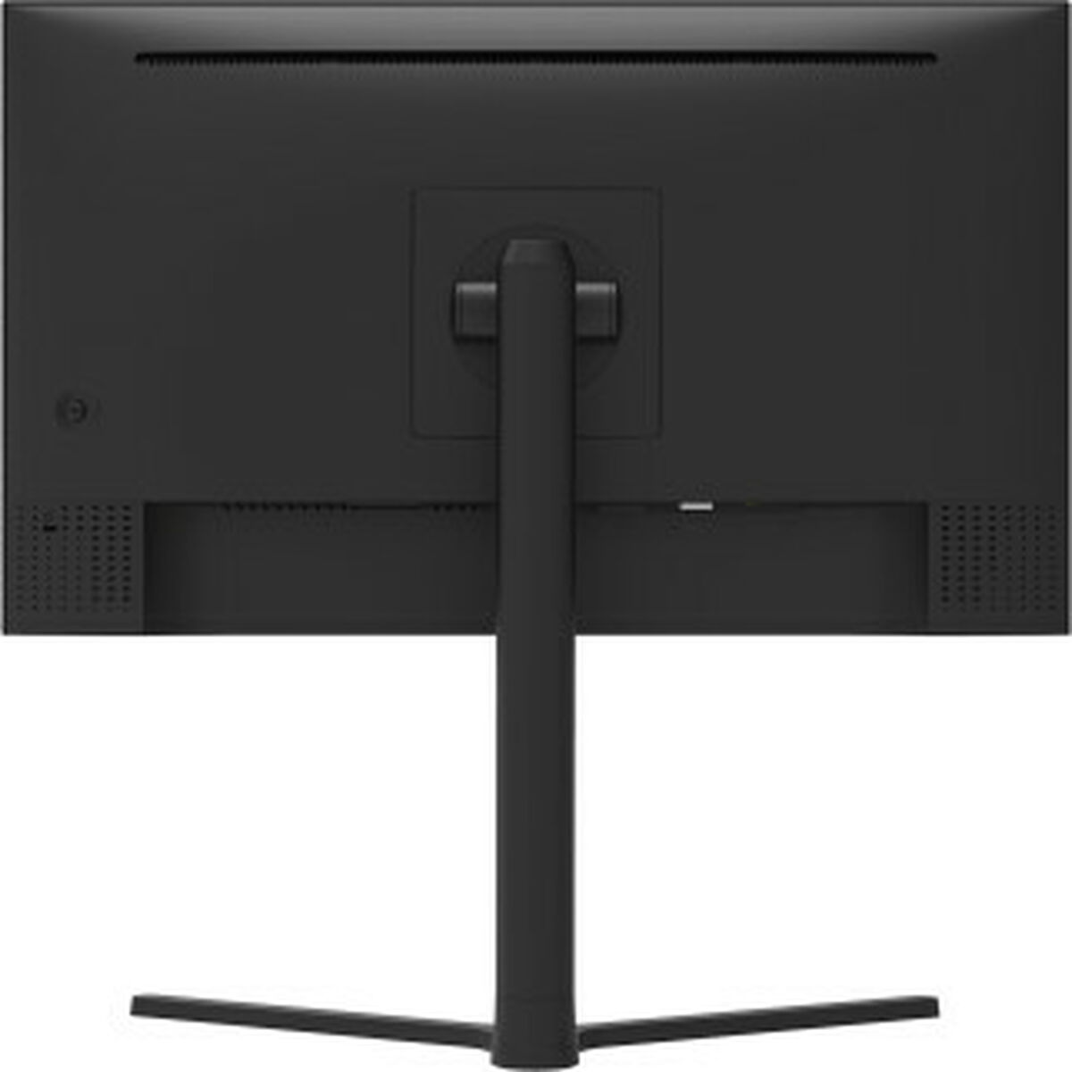 Rückansicht eines schwarzen Computermonitors mit Ständer. Der Monitor ist rechteckig und der Ständer schwarz.