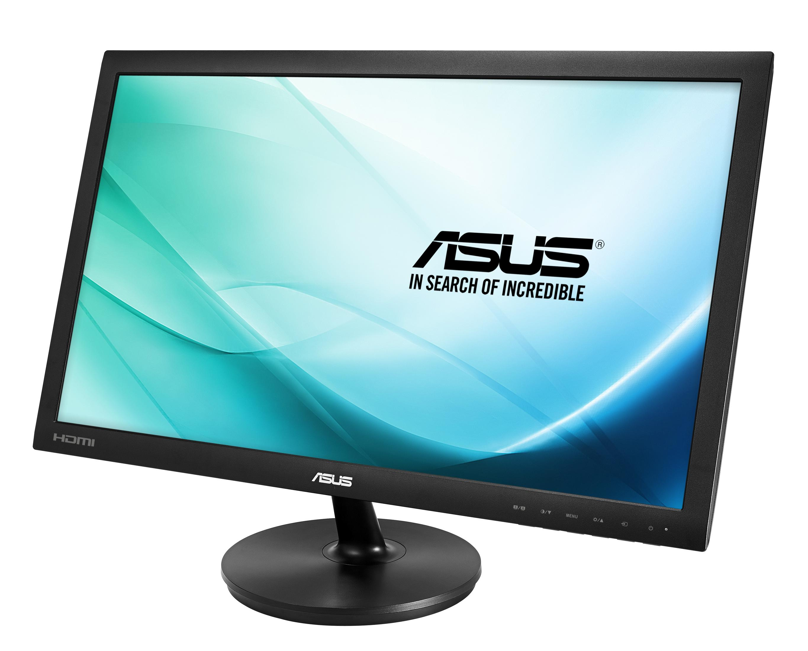 Un monitor ASUS muestra un fondo abstracto blanco y azul. El monitor tiene un marco y soporte negros.