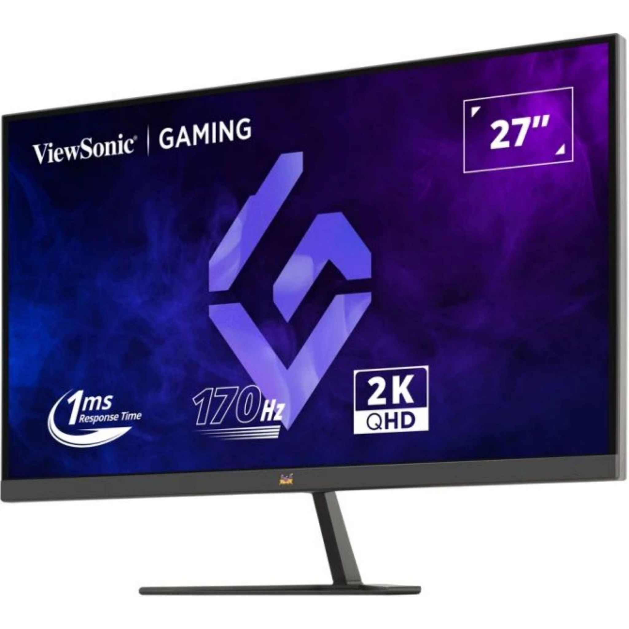 Monitor do gier z logo na ekranie i czarną podstawą.