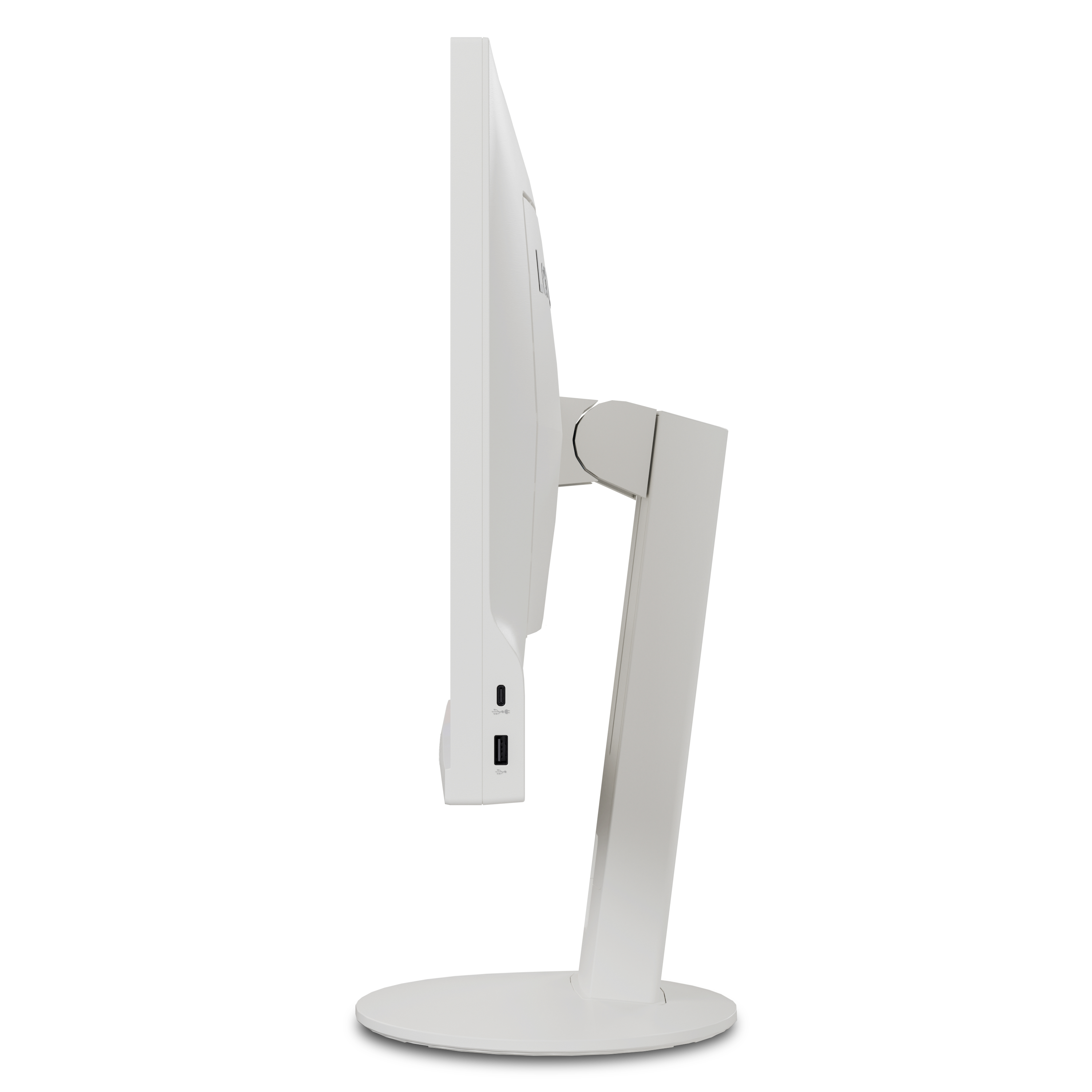 Weißer Monitor von der Seite. Er hat einen weißen Rahmen und einen weißen Ständer. Es ist ein sauberes Design.