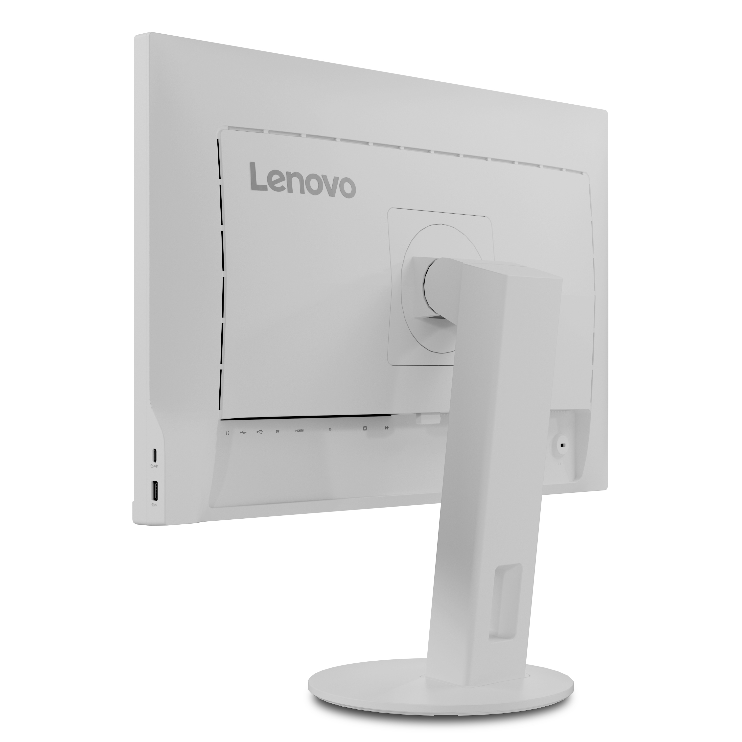 Rückansicht eines weißen Lenovo-Monitors. Weißer Hintergrund.