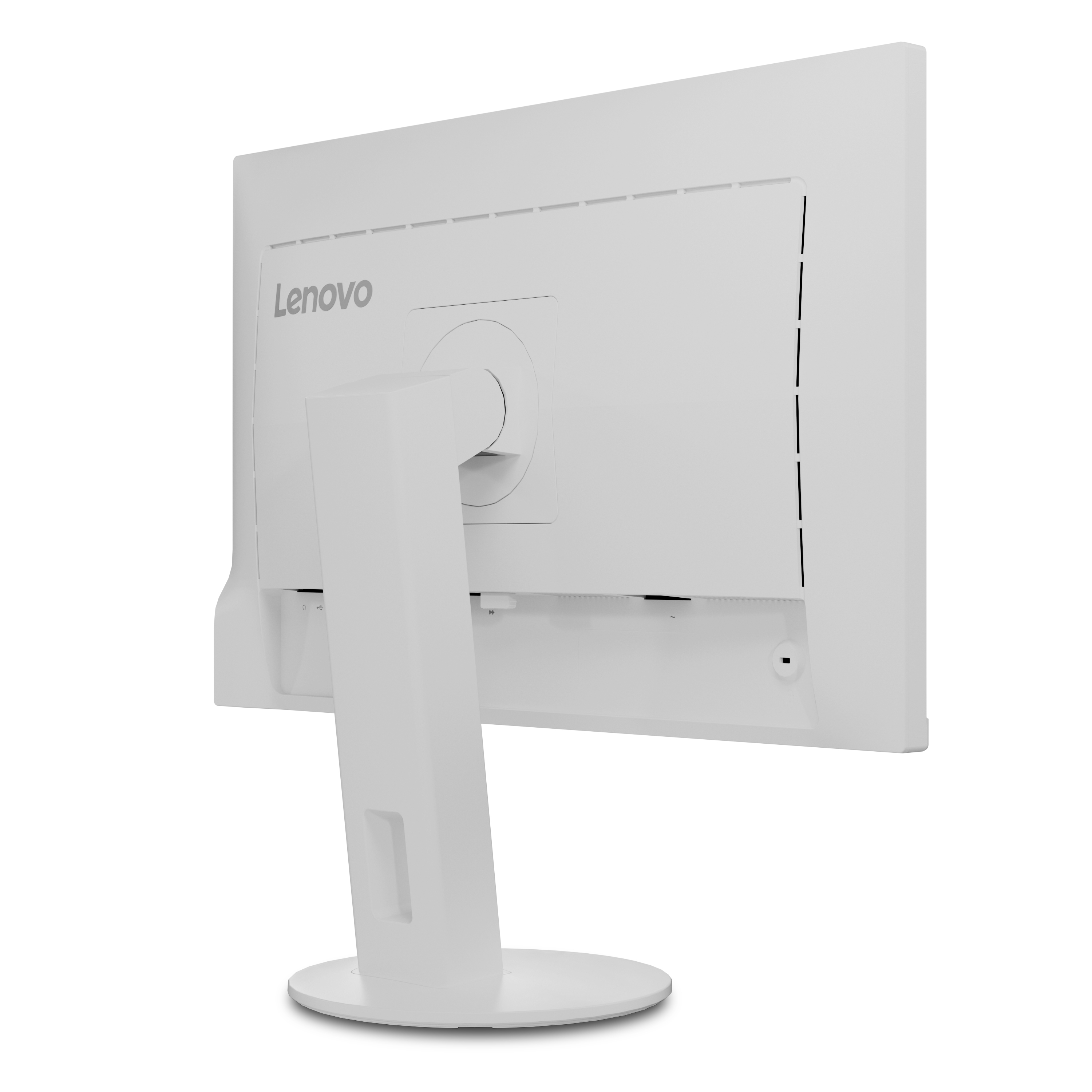 Weißer Computermonitor, Rückansicht, mit Lenovo-Logo.