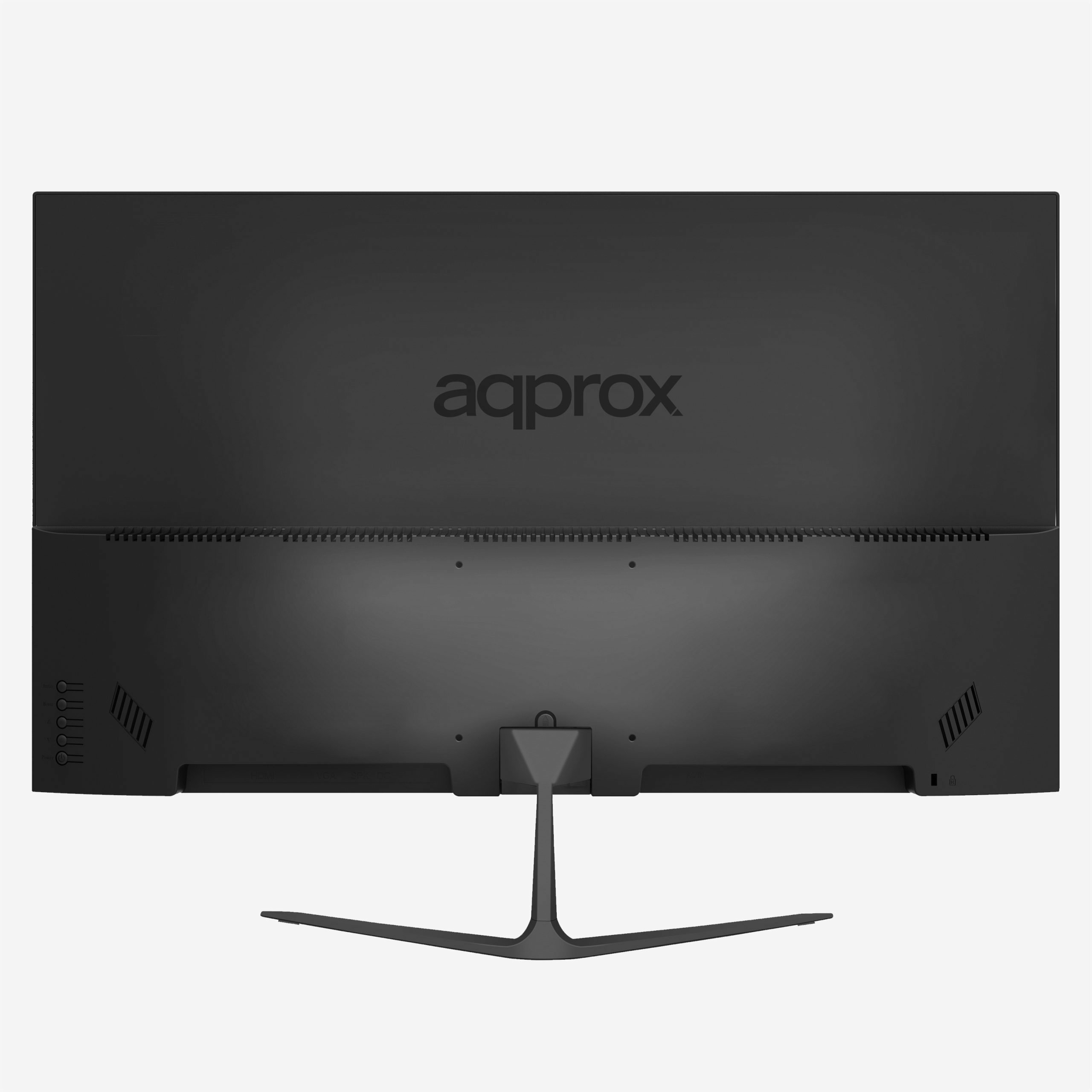 Parte trasera negra del monitor aqprox, soporte abajo.