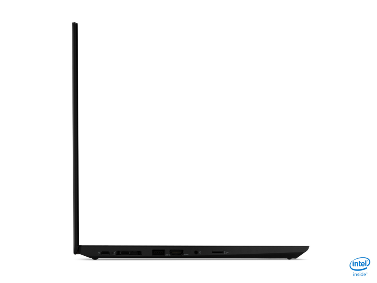 Schwarzer Laptop von der Seite, zeigt Anschlüsse und das Intel-Logo.