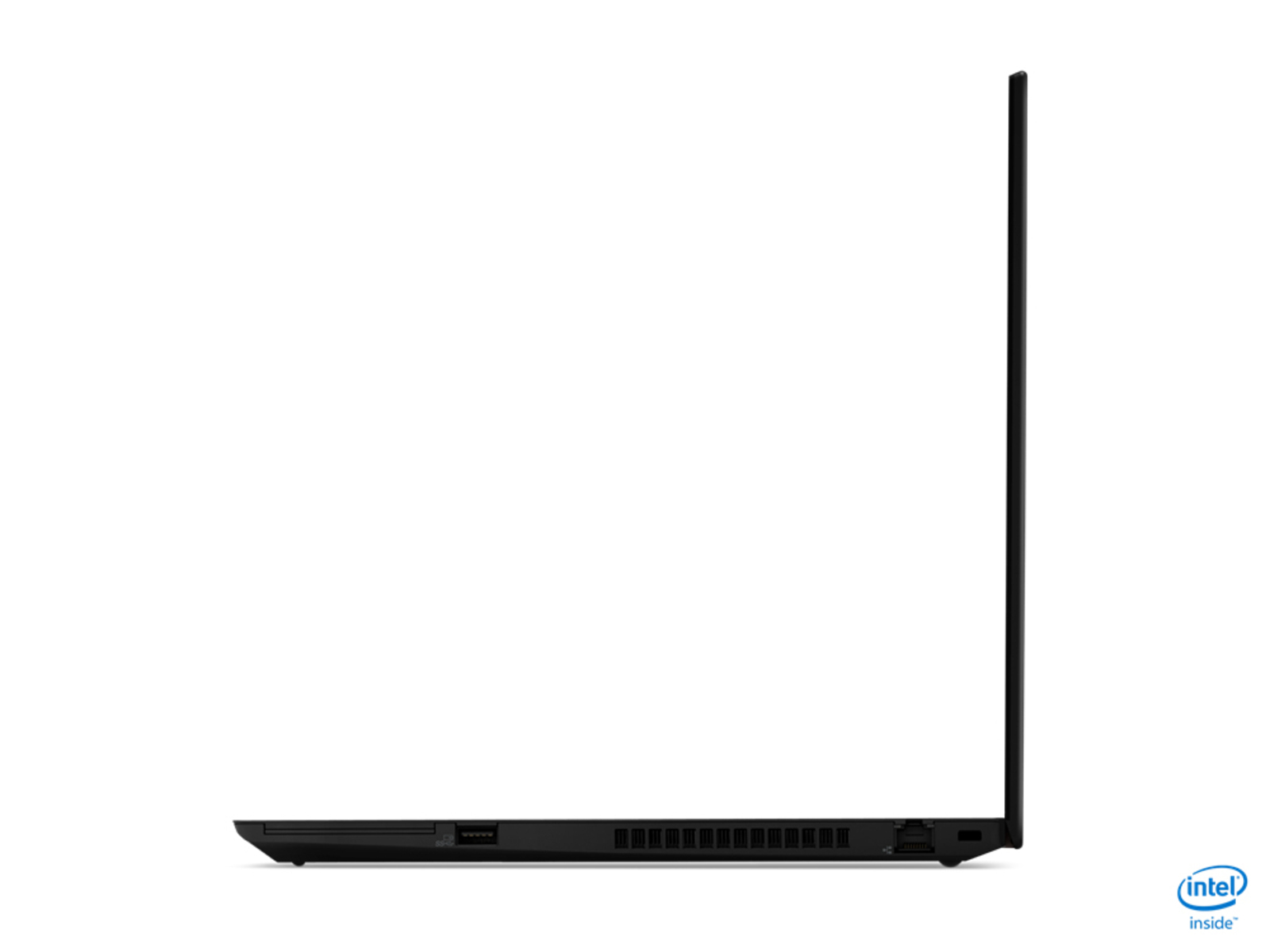 Seitenansicht eines schwarzen Laptops mit dem Intel Inside-Logo.