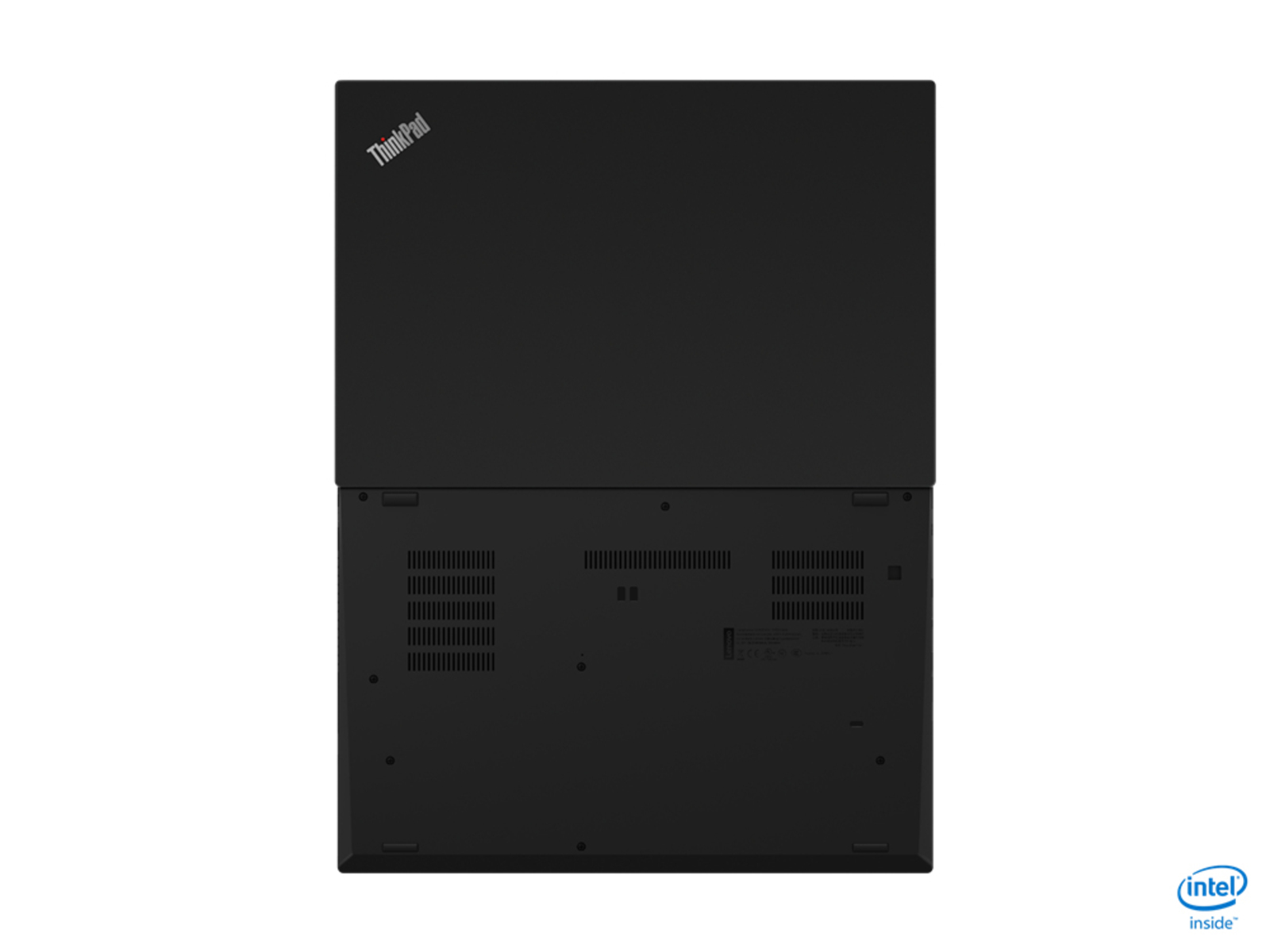 Ein schwarzer Laptop von oben, mit dem ThinkPad-Logo sichtbar.
