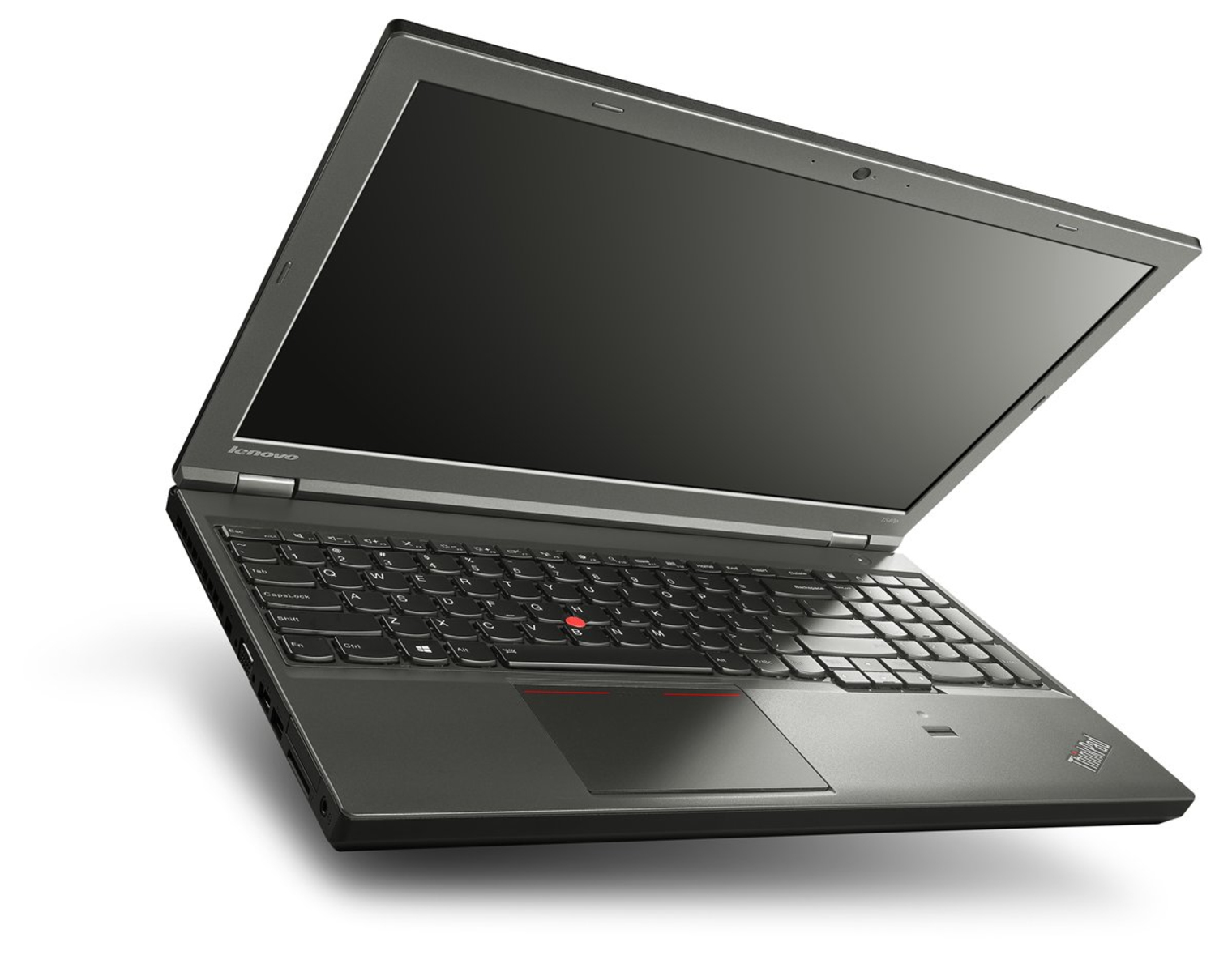 Laptop mit geöffnetem Bildschirm. Dunkelgrau mit schwarzer Tastatur und rotem Trackpoint.