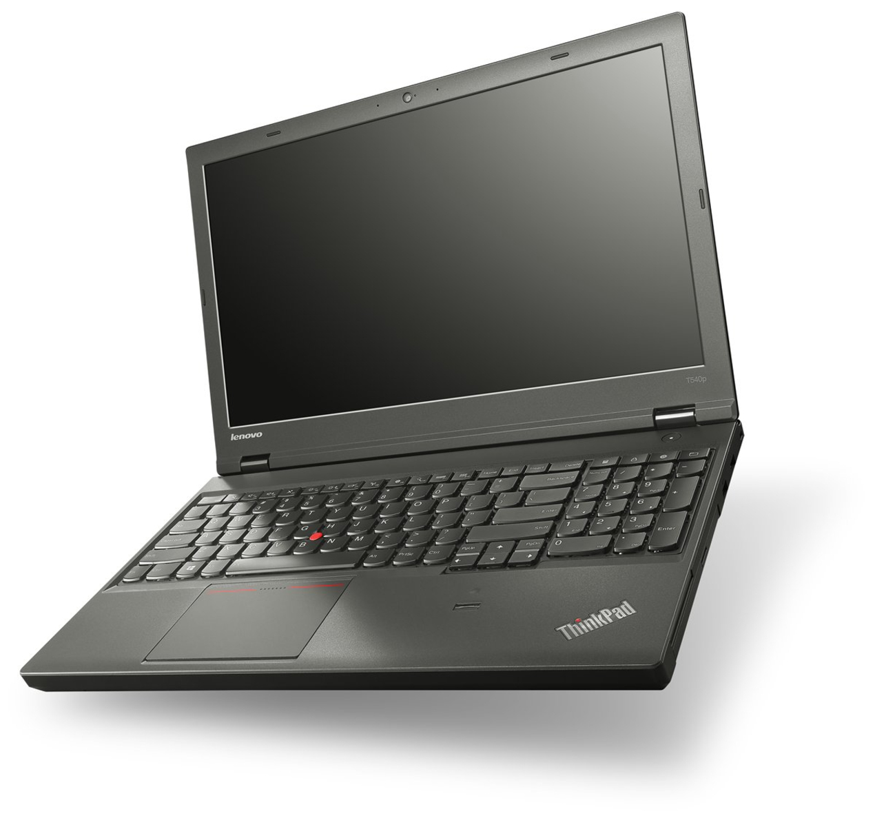 Ein Lenovo ThinkPad Laptop, geöffnet und abgewinkelt, auf weißem Hintergrund.