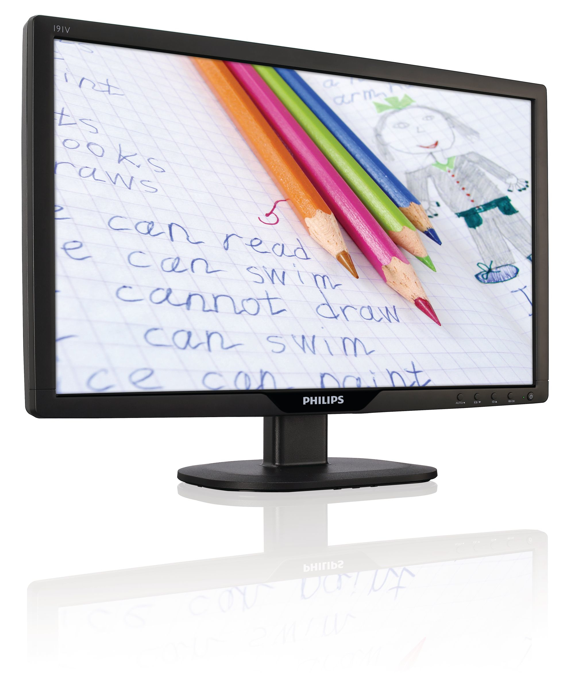 Il monitor mostra matite colorate e un disegno infantile su carta bianca con testo manoscritto.