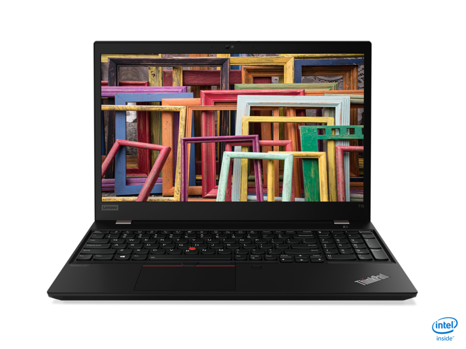 Laptop, schwarz, offen, mit bunten Rahmen auf dem Bildschirm. Tastatur sichtbar. Weißer Hintergrund.