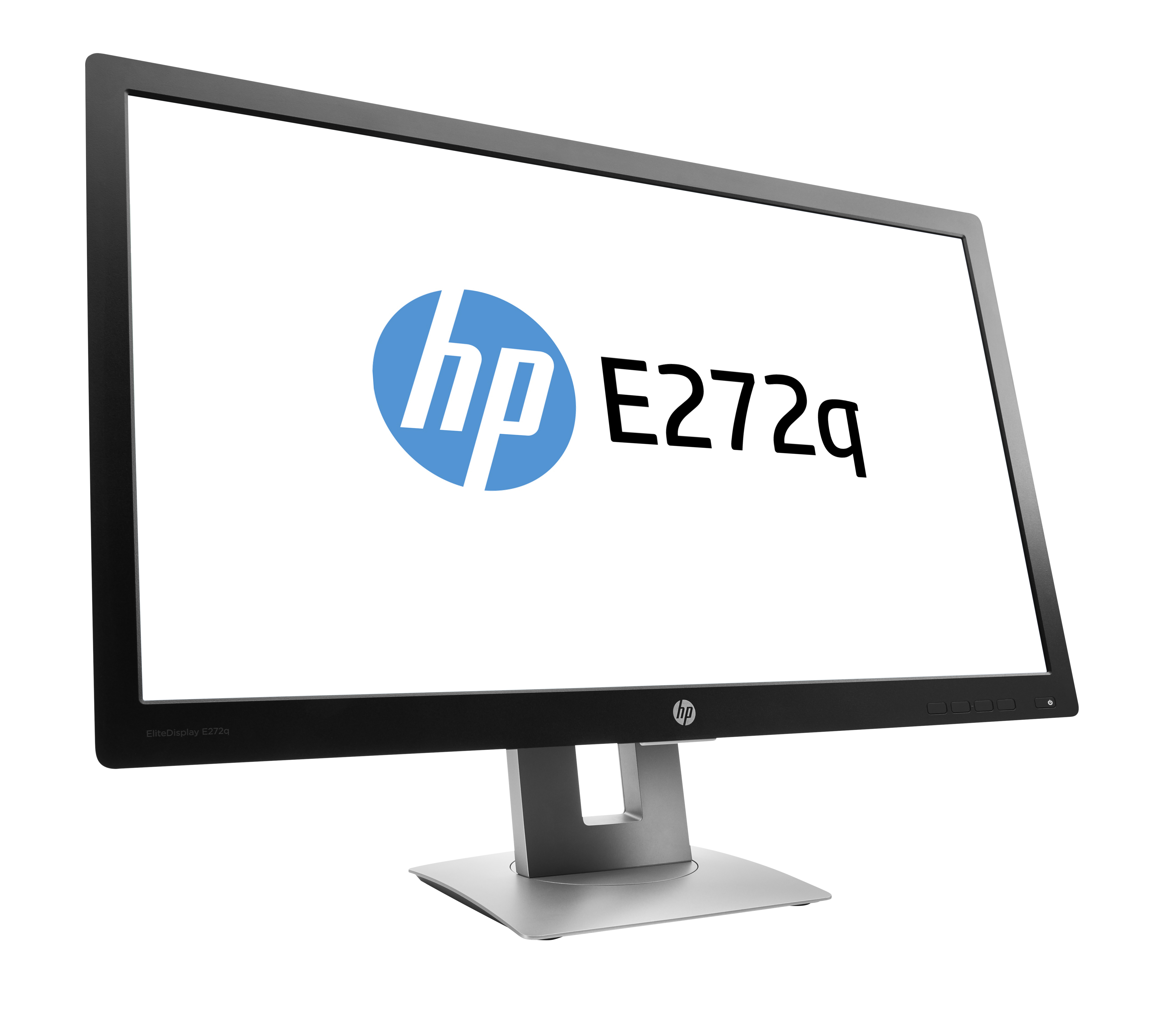 Monitor HP E272q, biały ekran z logo, czarna ramka i srebrna podstawka.
