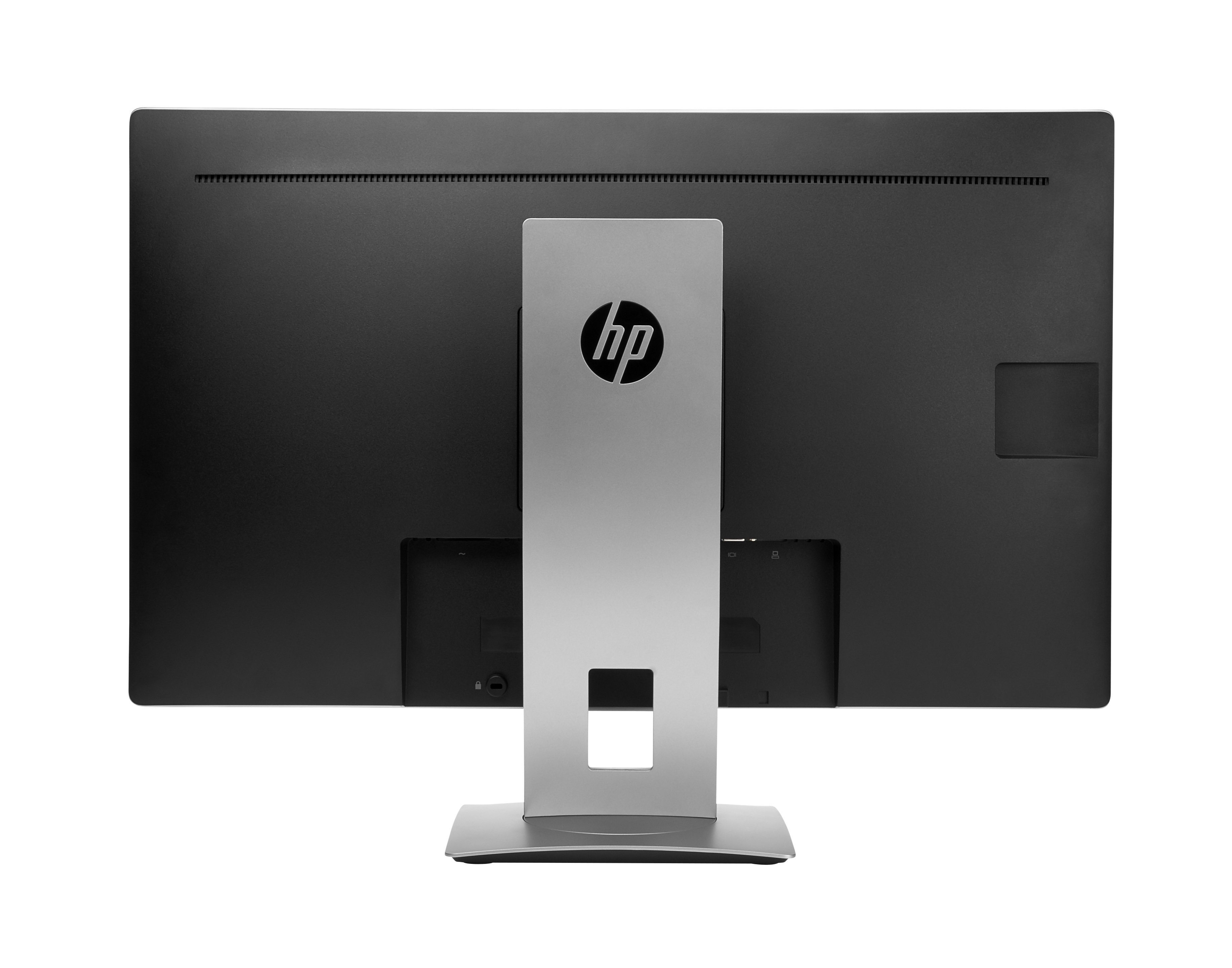 Widok z tyłu czarnego monitora HP ze srebrnym stojakiem i logo.