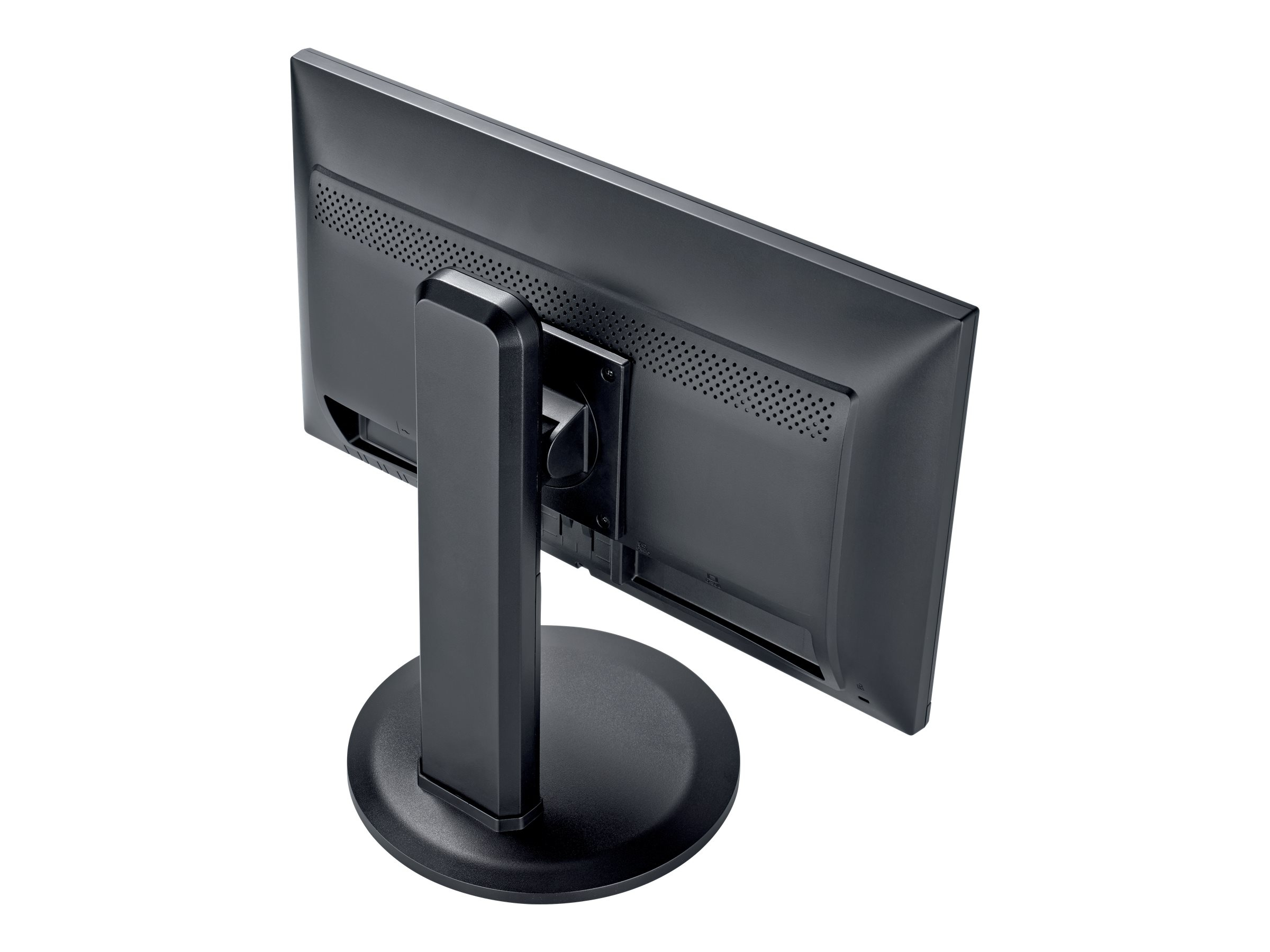 Retro del monitor nero con supporto. Sfondo bianco. Il retro ha prese d'aria e un supporto nero.