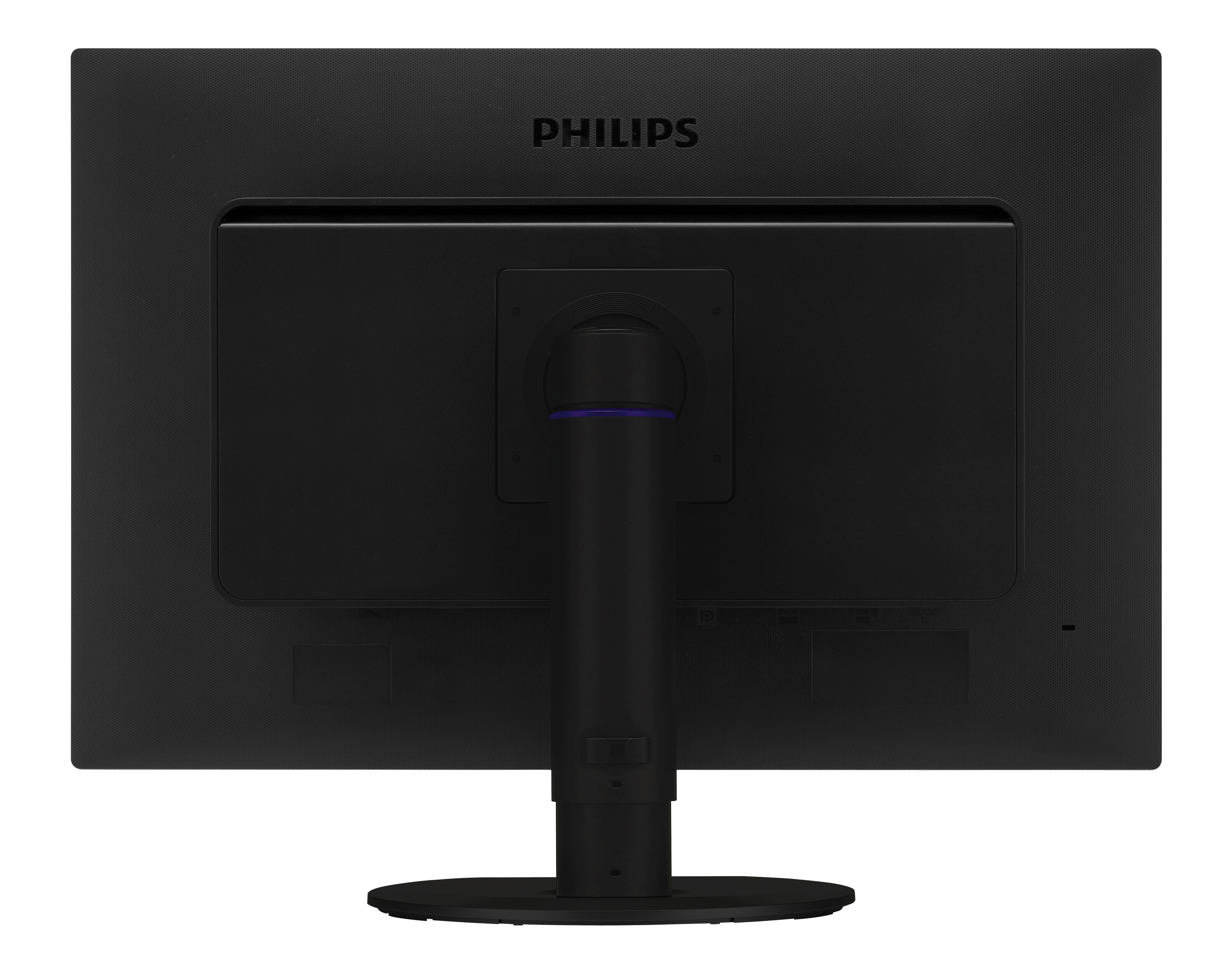 Il retro di un monitor nero con logo Philips, che mostra il supporto e varie porte di connessione.