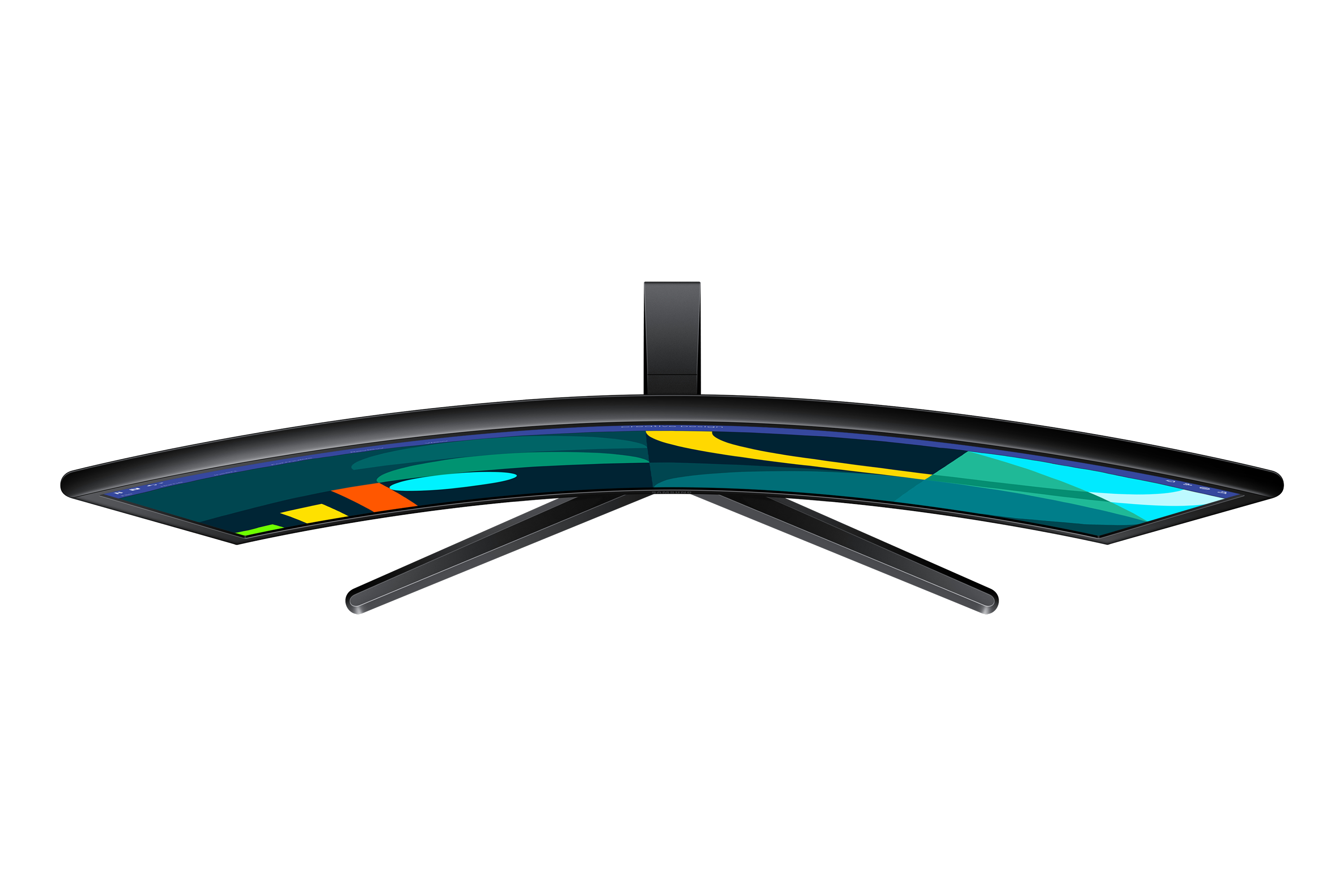 Zakrzywiony monitor z góry. Ekran na czarnym stojaku z trzema nogami, odizolowany na białym.