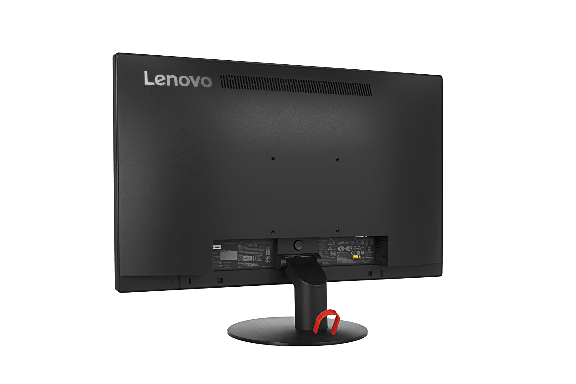 Vista posteriore di un monitor Lenovo nero con il logo Lenovo. Alcune porte sono visibili.
