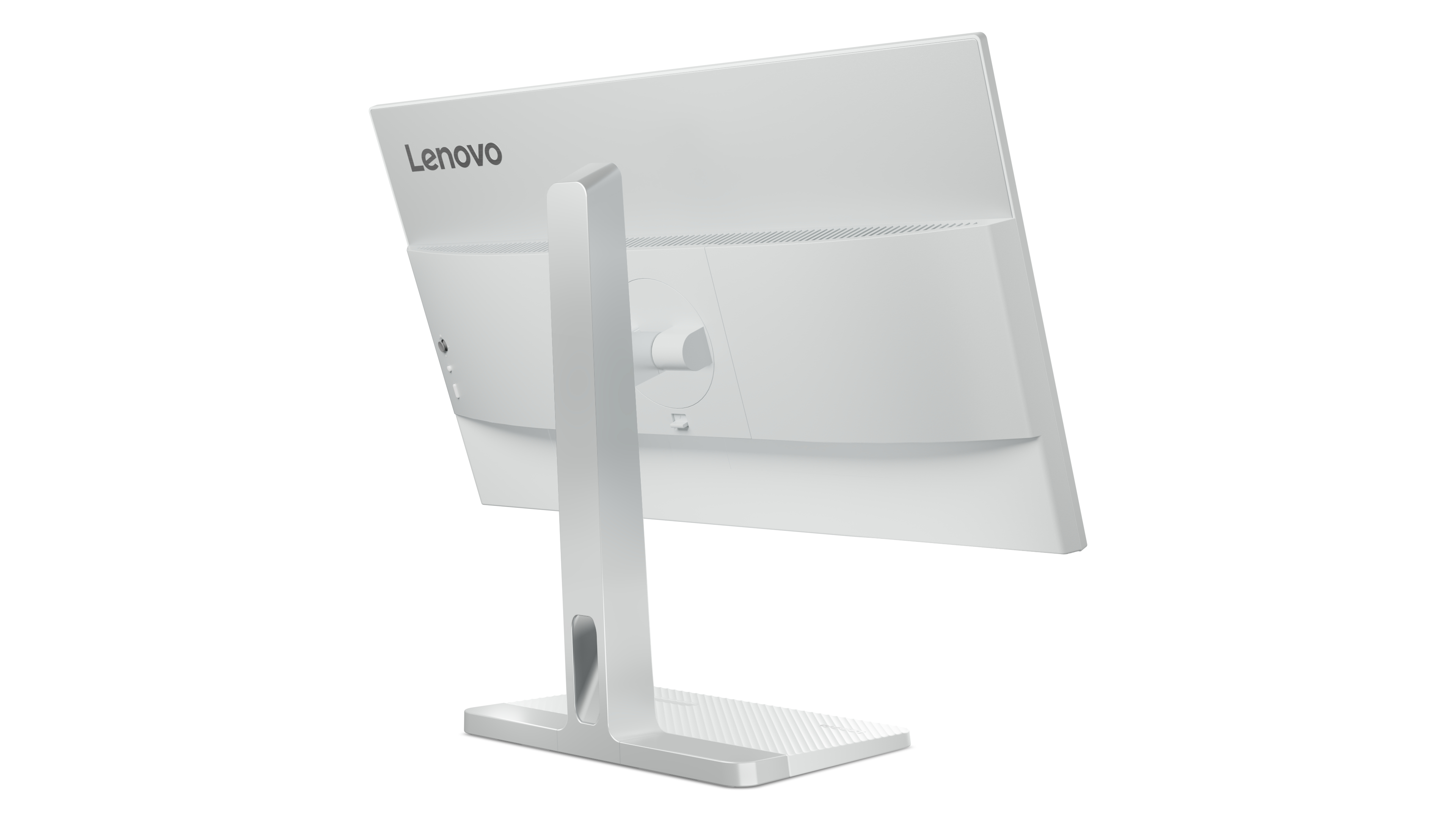 Monitor Lenovo, oglądany z tyłu, jest biały ze srebrną podstawą. Widoczne jest logo Lenovo.