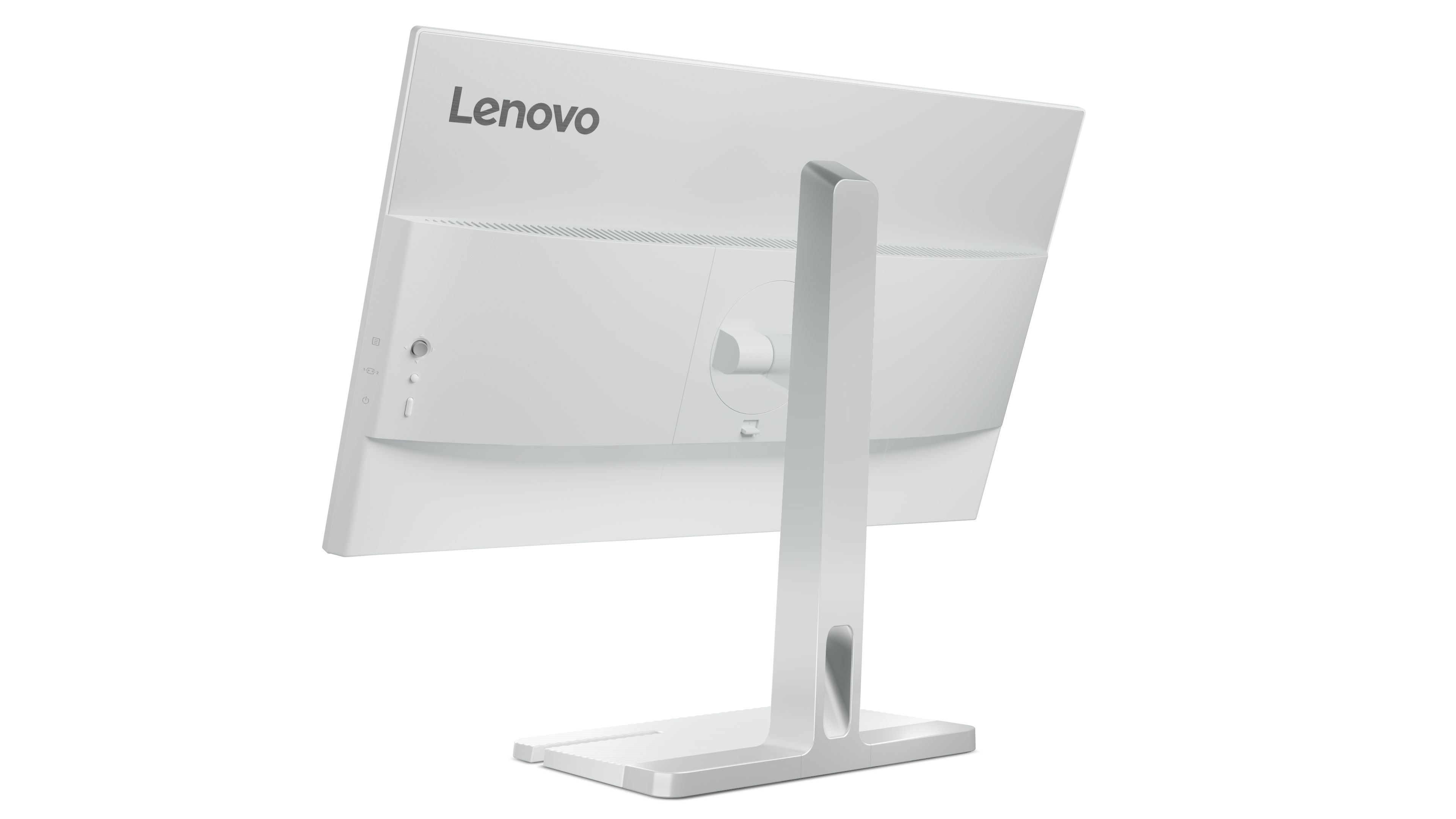 Tył białego monitora Lenovo ze stojakiem, pokazujący porty i logo Lenovo.