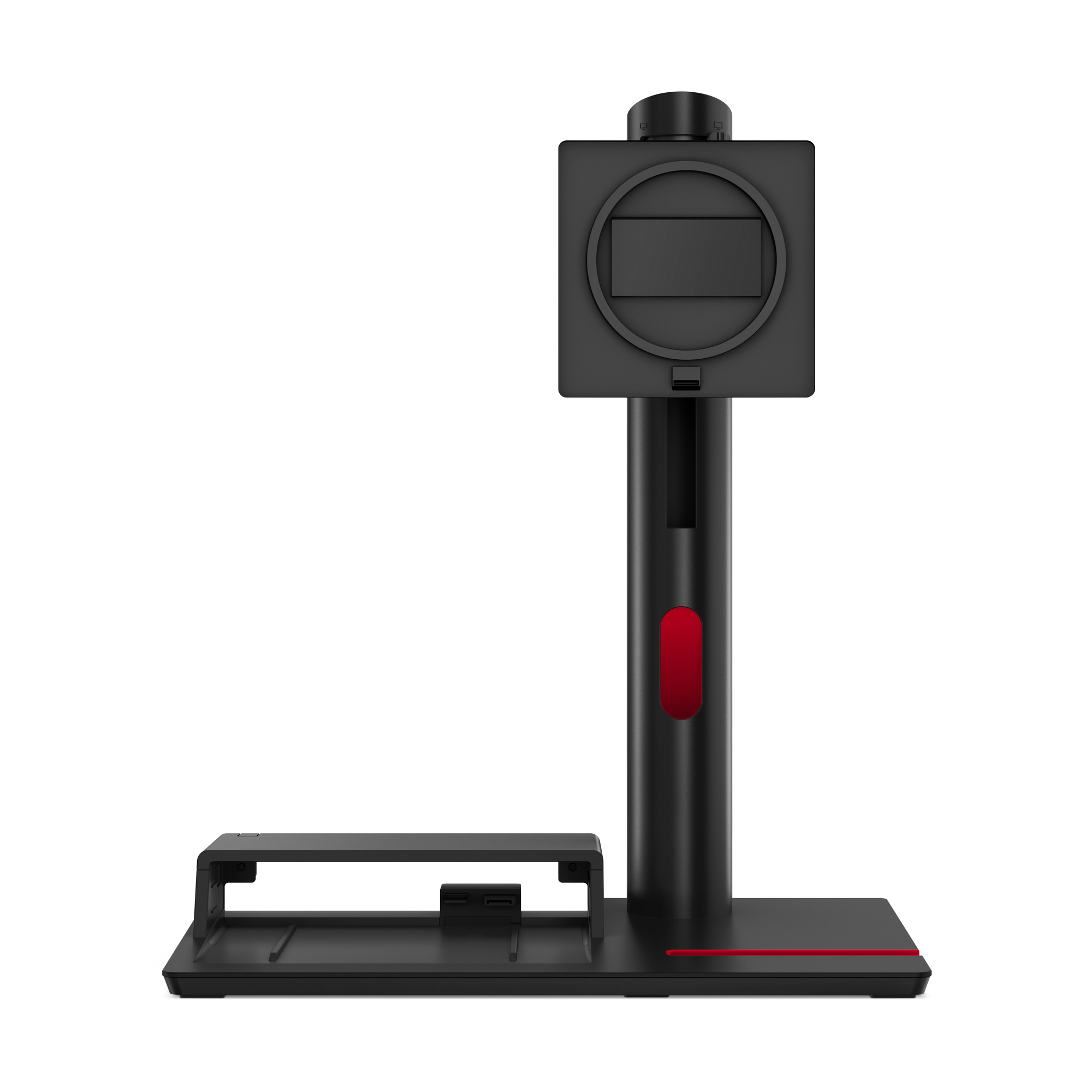 Czarny statyw do kamery z czerwonym akcentem. Kwadratowa góra z obiektywem. Białe tło.