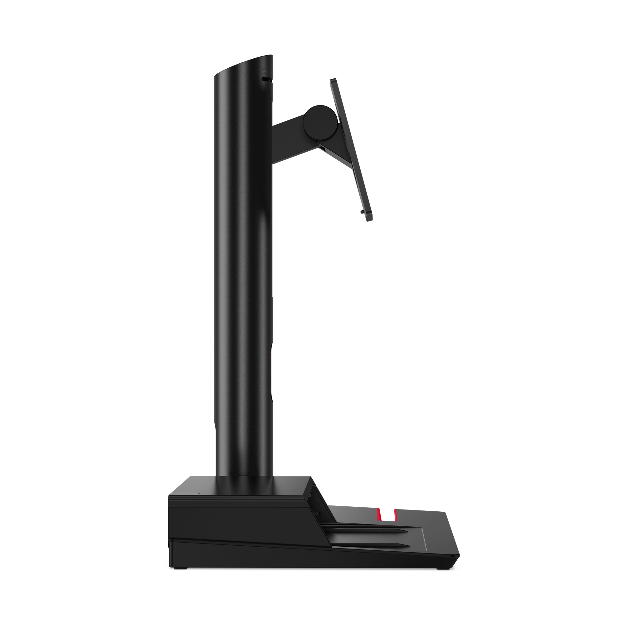 Czarna podstawa stojaka monitora z pionowym wspornikiem i czerwonym akcentem.