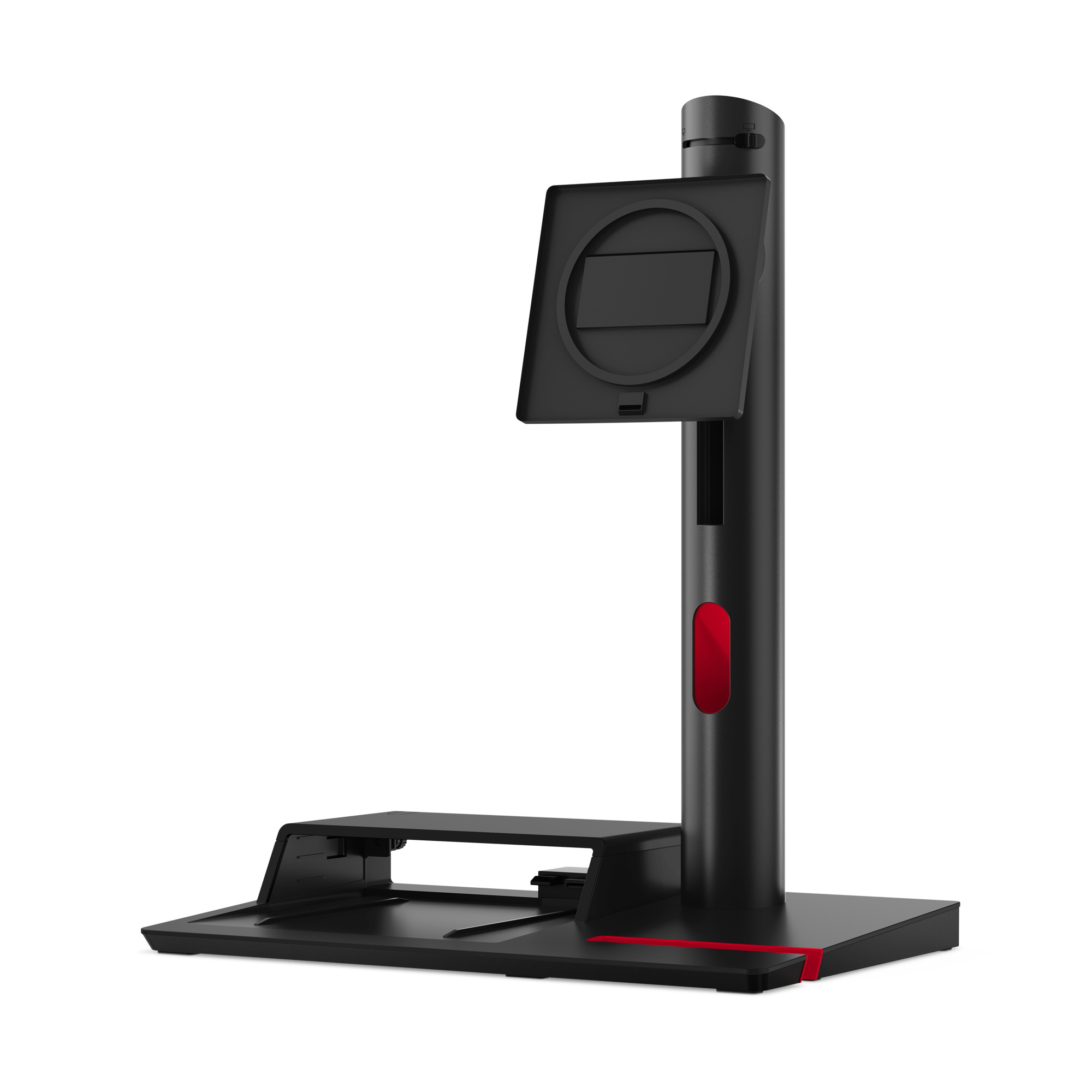 Czarna podstawa monitora. Jest czarna z czerwonym akcentem. Białe tło.