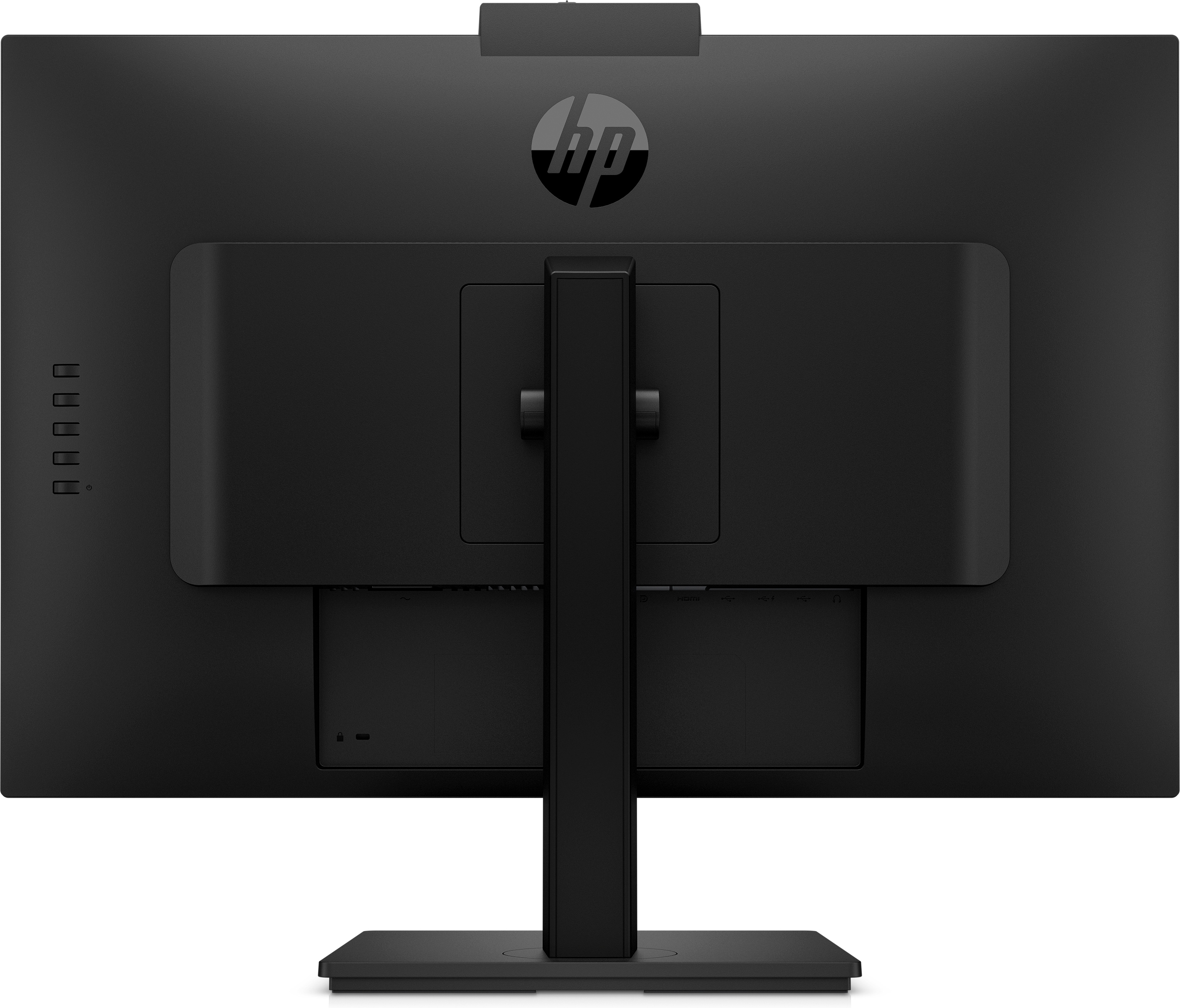 Tył czarnego monitora. Logo HP pośrodku. Stojak czarny. Porty i przyciski po lewej stronie.
