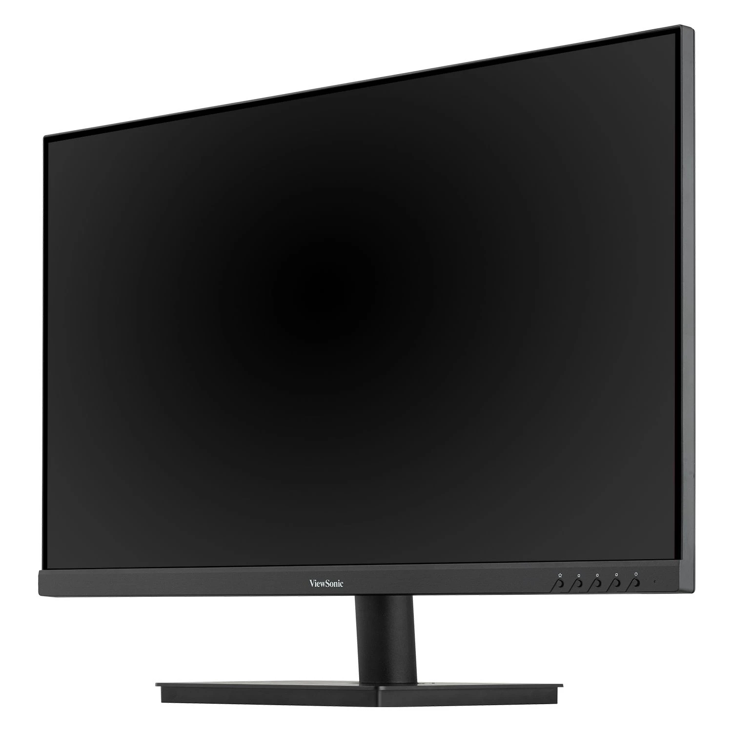 Monitor ViewSonic nero in vista diagonale. Lo schermo è nero.