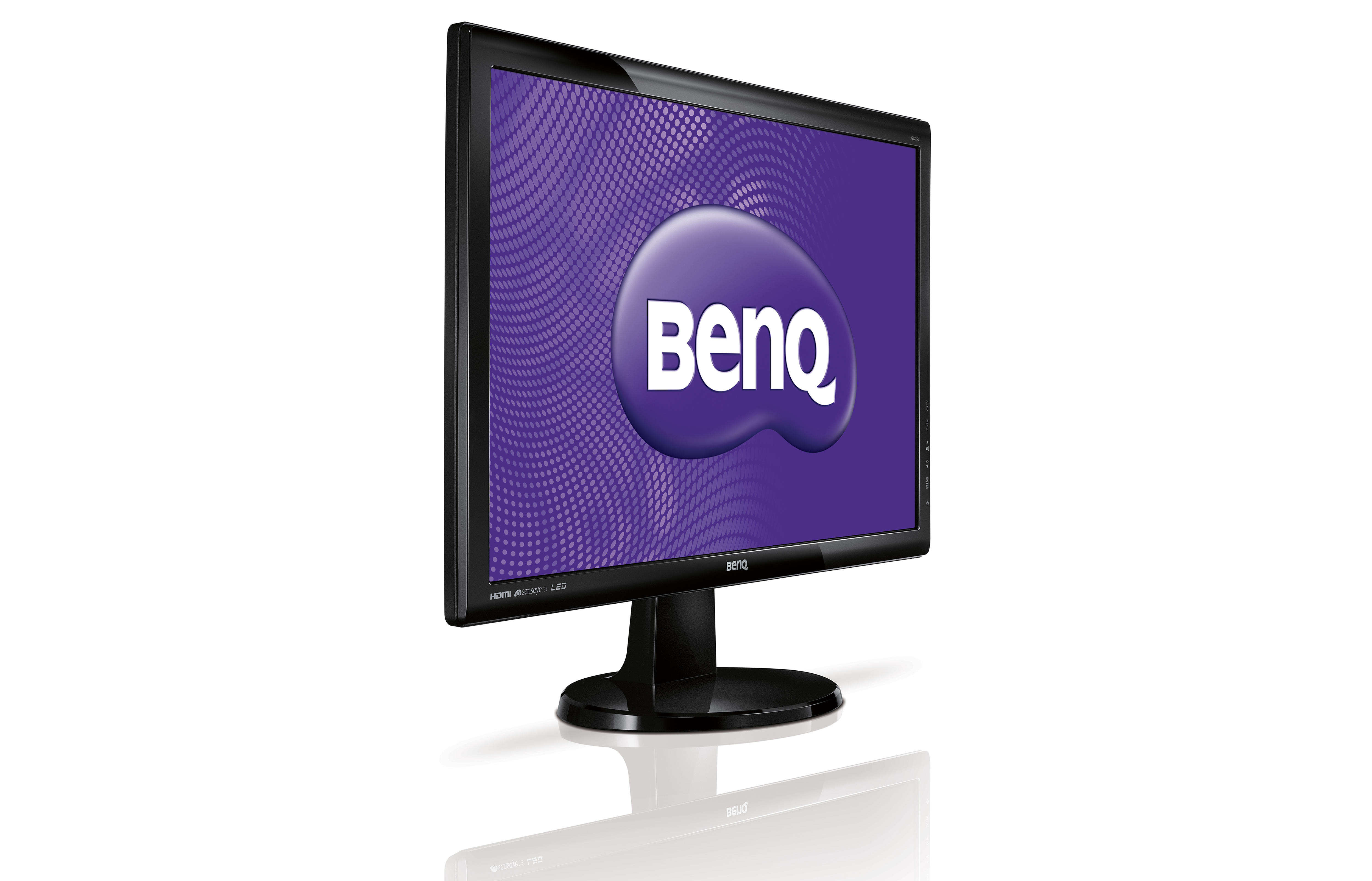 Monitor BenQ con sfondo viola e logo BenQ bianco.
