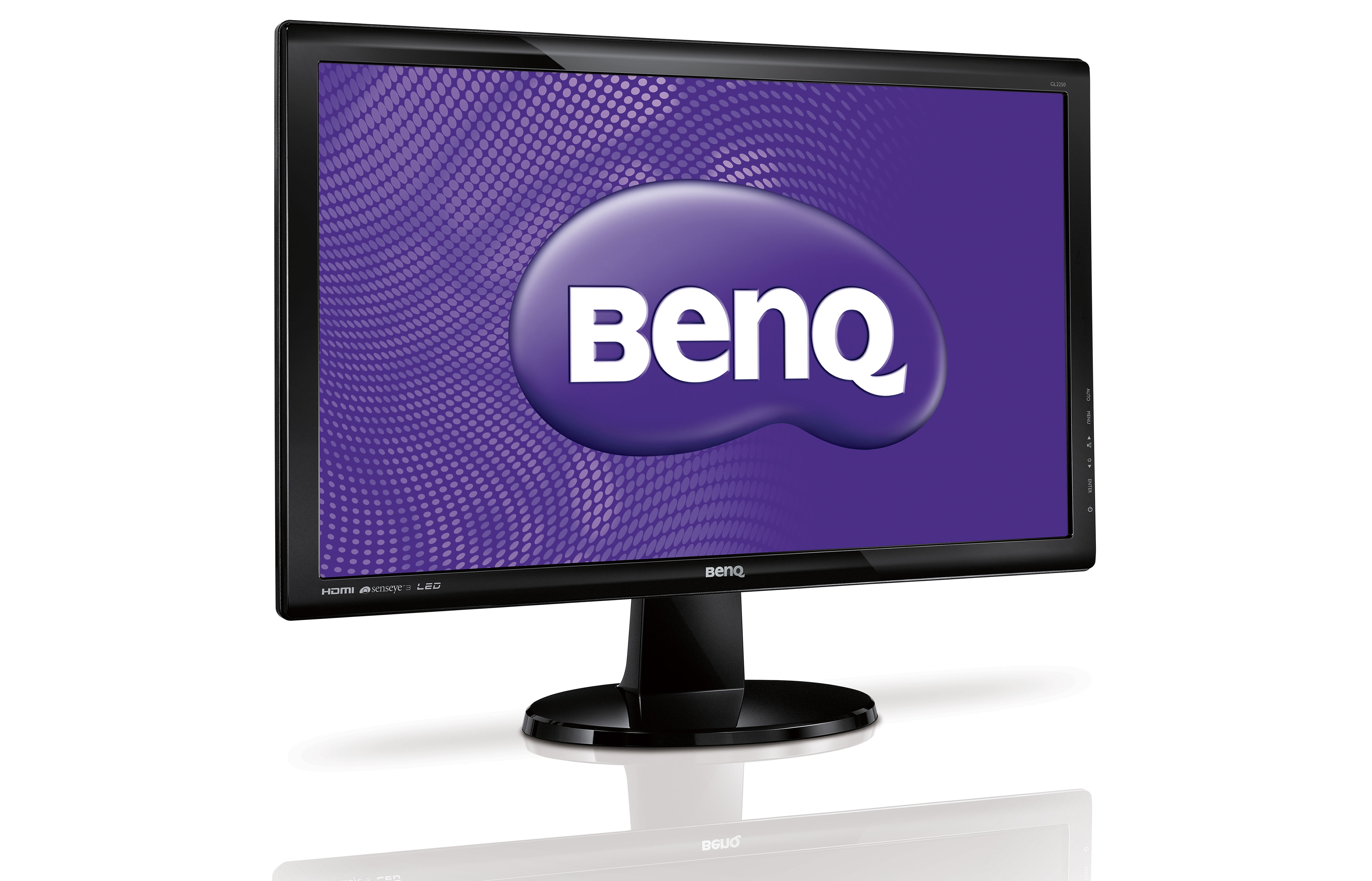 Monitor BenQ con logo viola e cornice nera su superficie bianca.