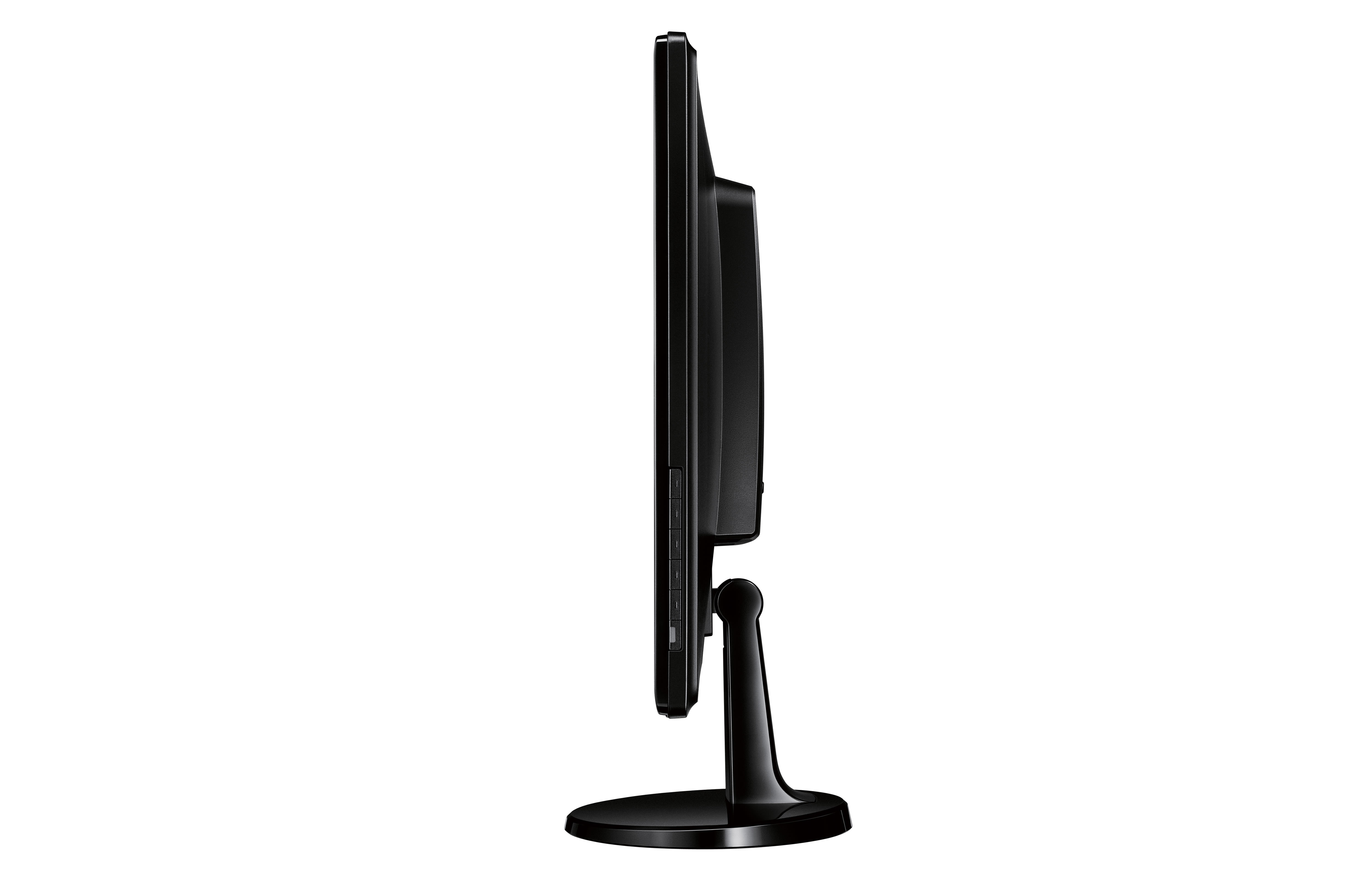 Vista laterale di un monitor nero. Il monitor è sottile con un supporto curvo. Sfondo bianco.