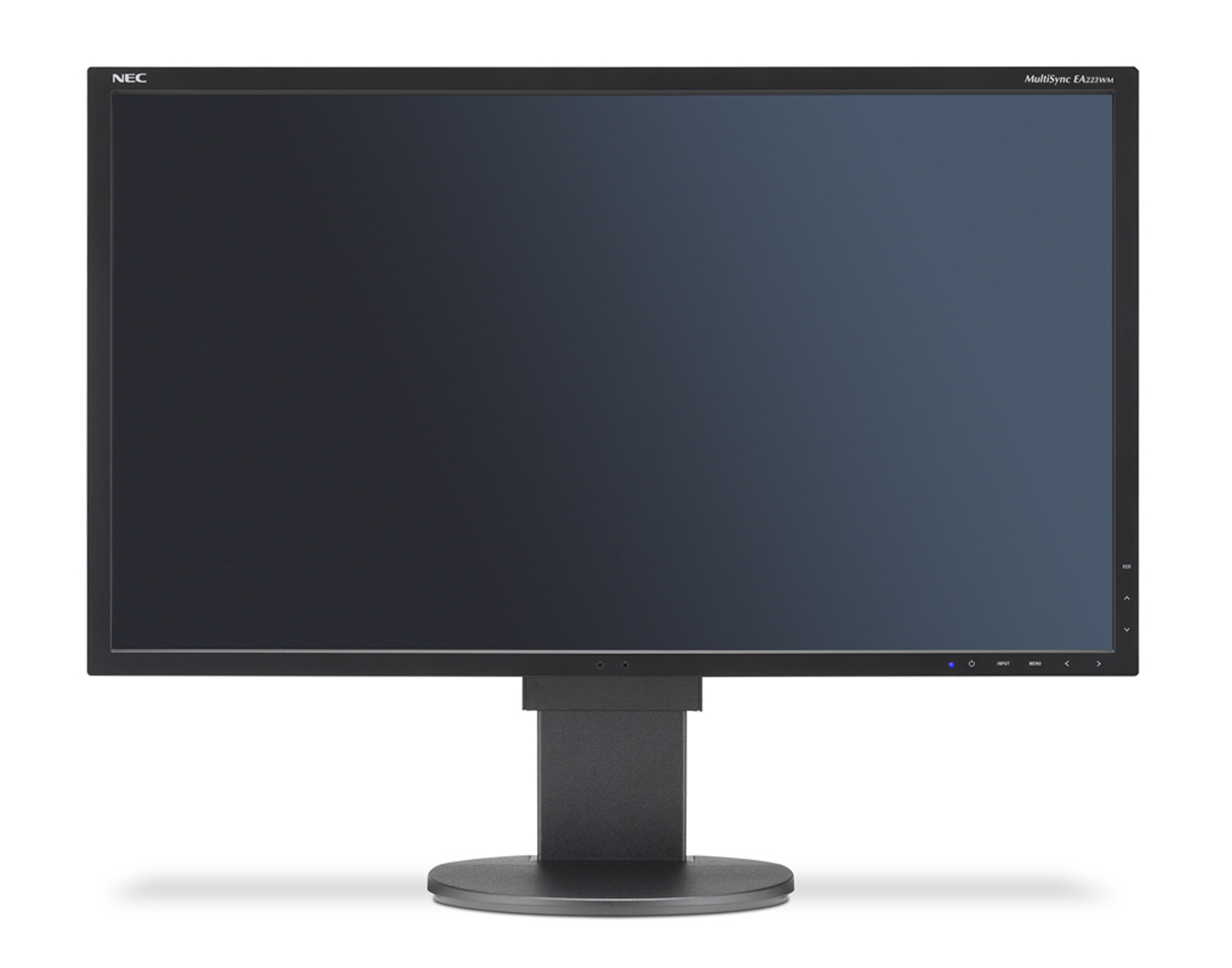 Un monitor NEC nero, che mostra uno schermo scuro. Lo schermo ha una leggera curvatura.