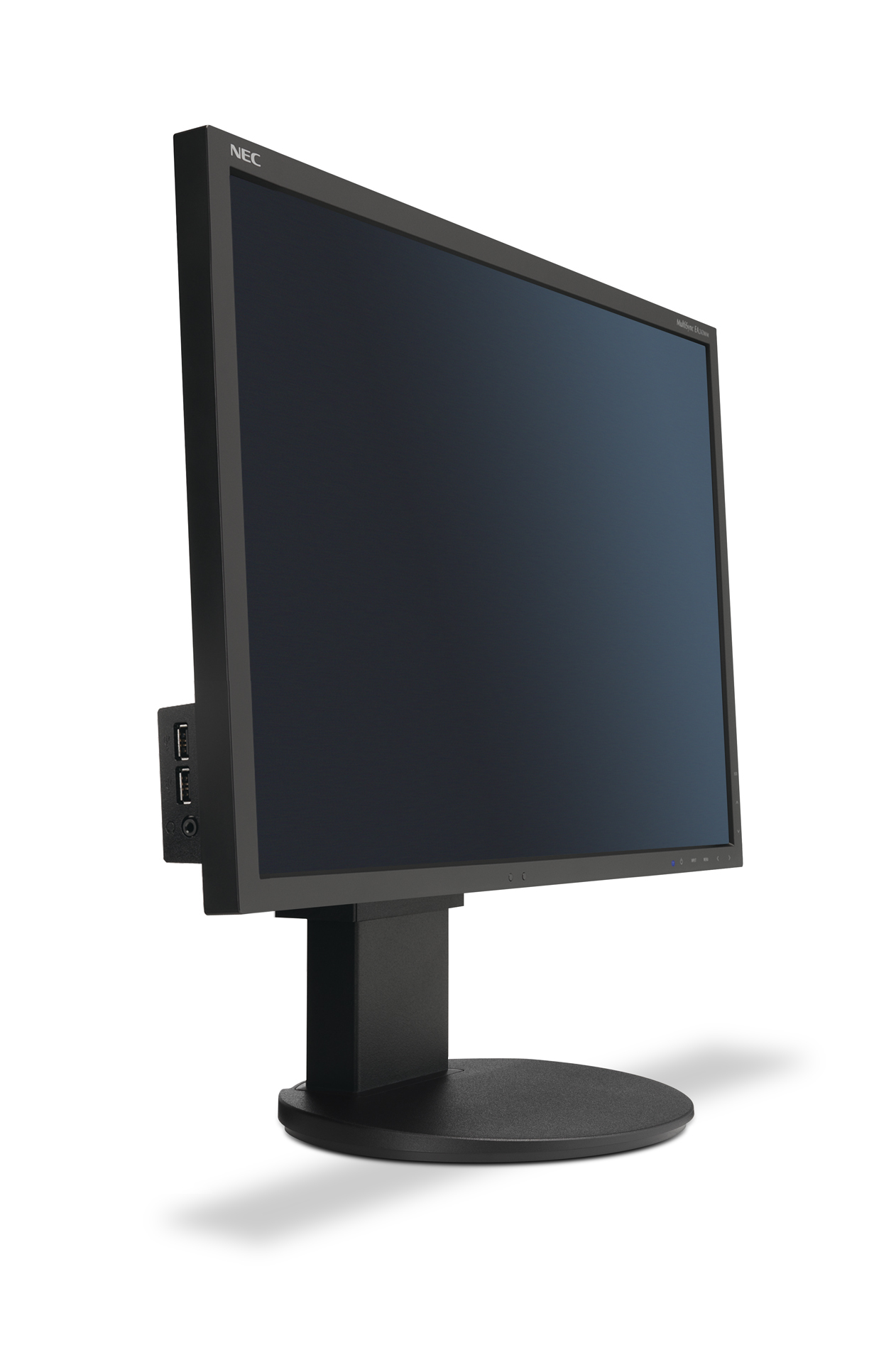 Monitor NEC, vista angolata. Cornice e supporto neri, schermo scuro.