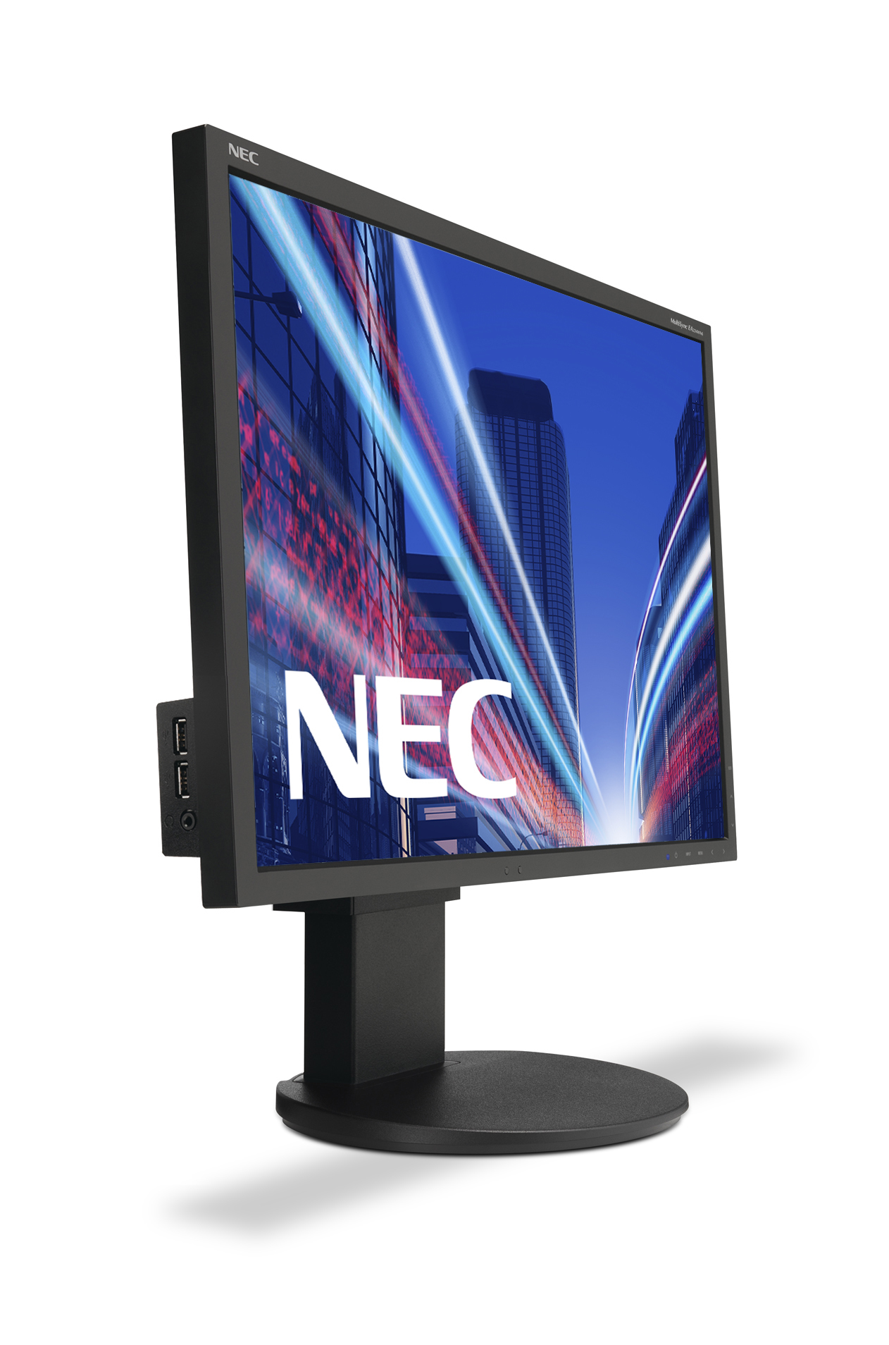 Un monitor NEC mostra un paesaggio urbano e scie luminose. Ha una cornice, un supporto neri ed è angolato.