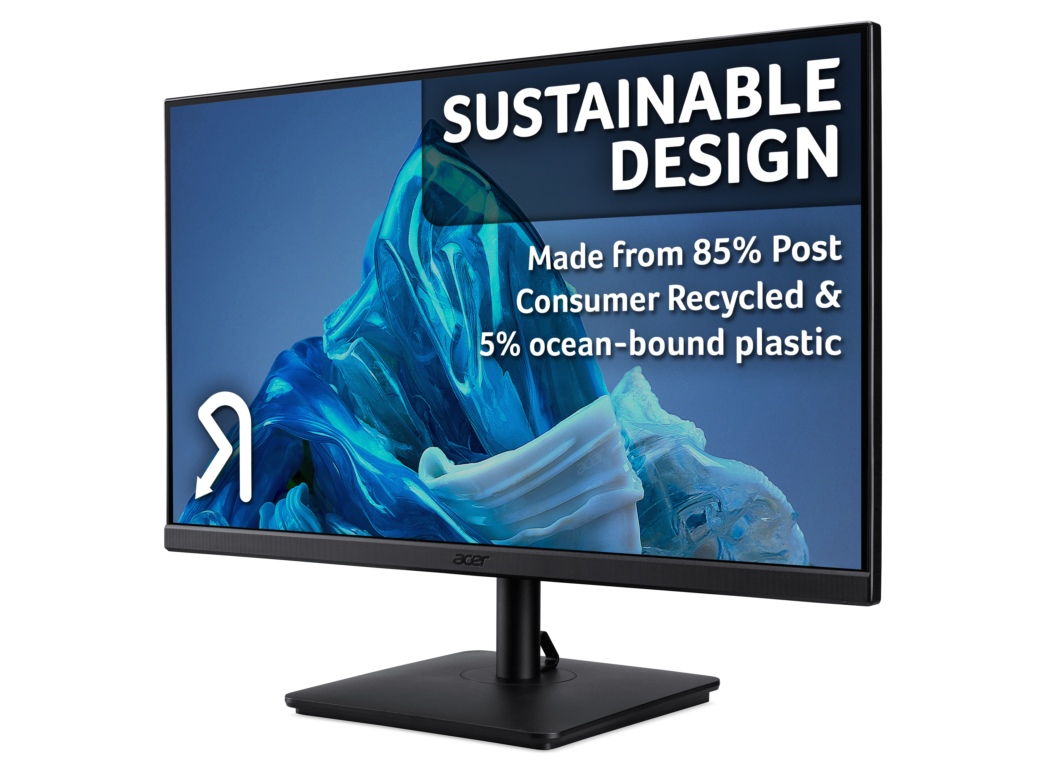 Un monitor mostra un'immagine con il testo: Design sostenibile, Realizzato con l'85% di riciclato post-consumo.