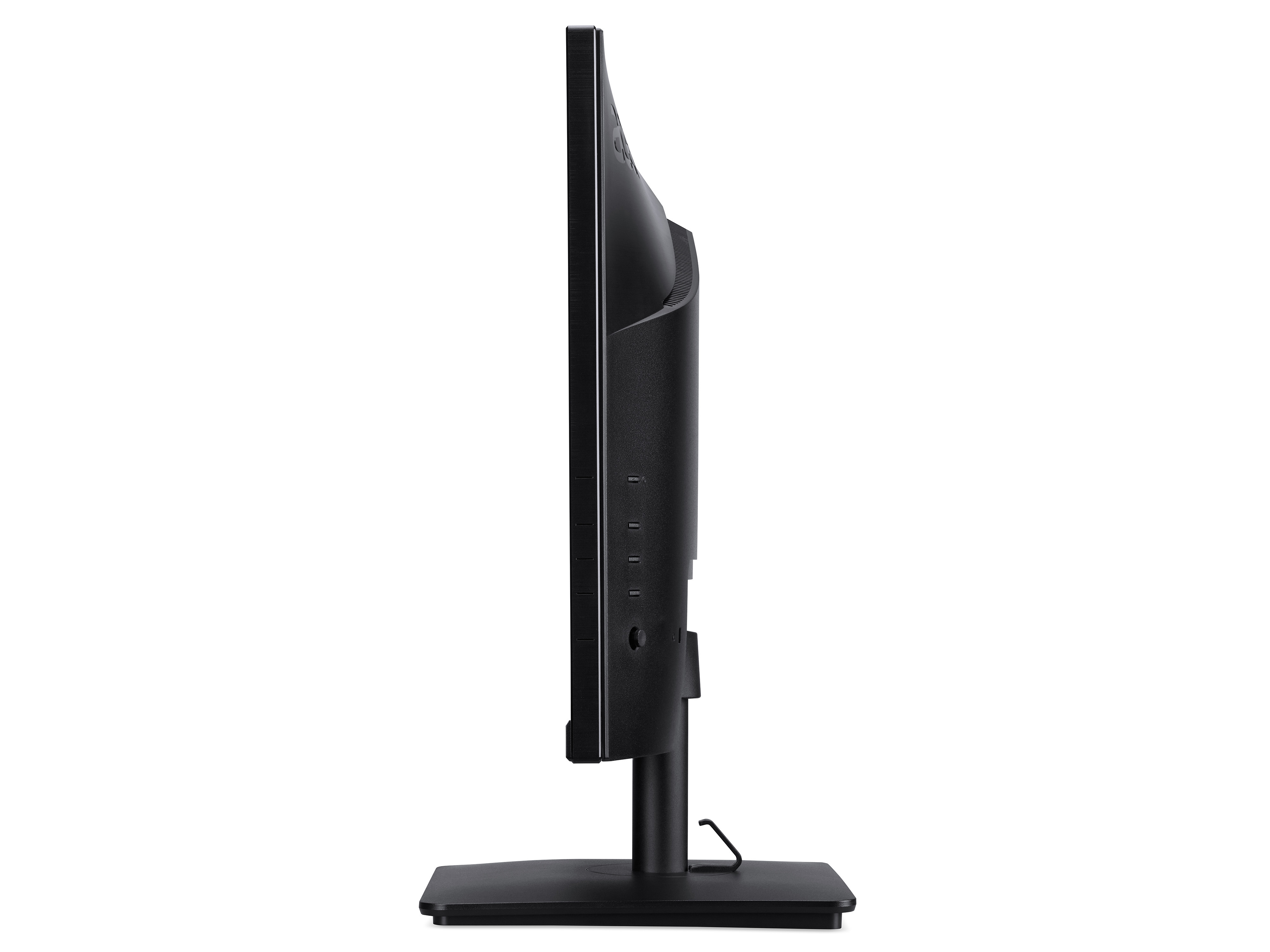 Vista laterale di un monitor nero con supporto nero. Ha diverse porte sul lato.