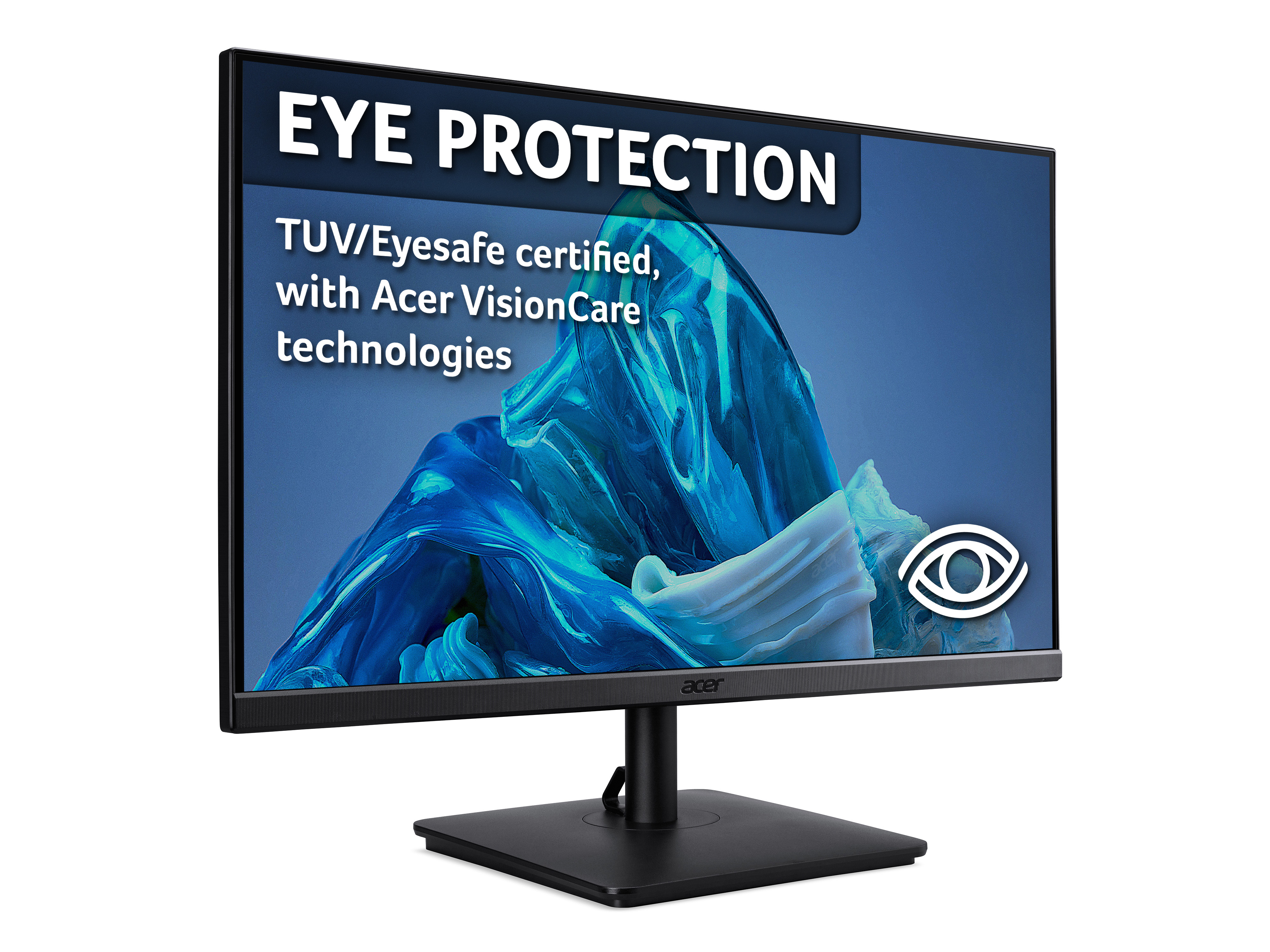 Un monitor con un'immagine blu e bianca, la scritta 'EYE PROTECTION' in alto. Logo Acer in basso.