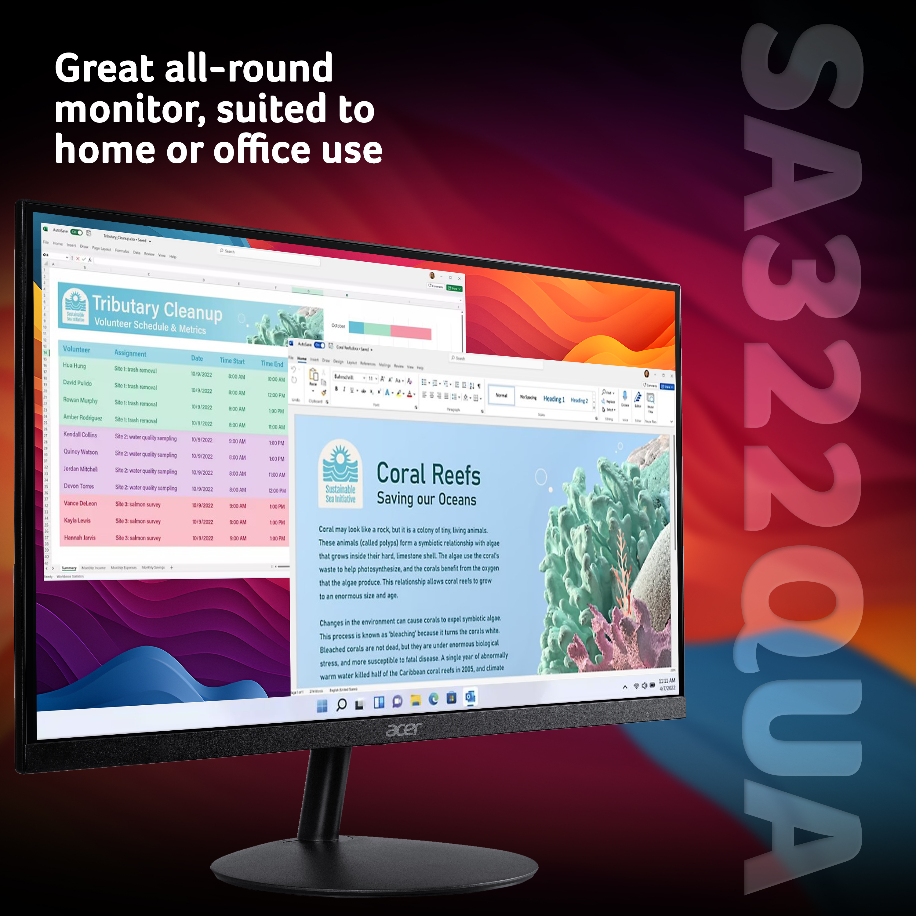 Un monitor Acer mostra documenti sullo schermo, con testo che indica che è per uso domestico o in ufficio, su uno sfondo viola.