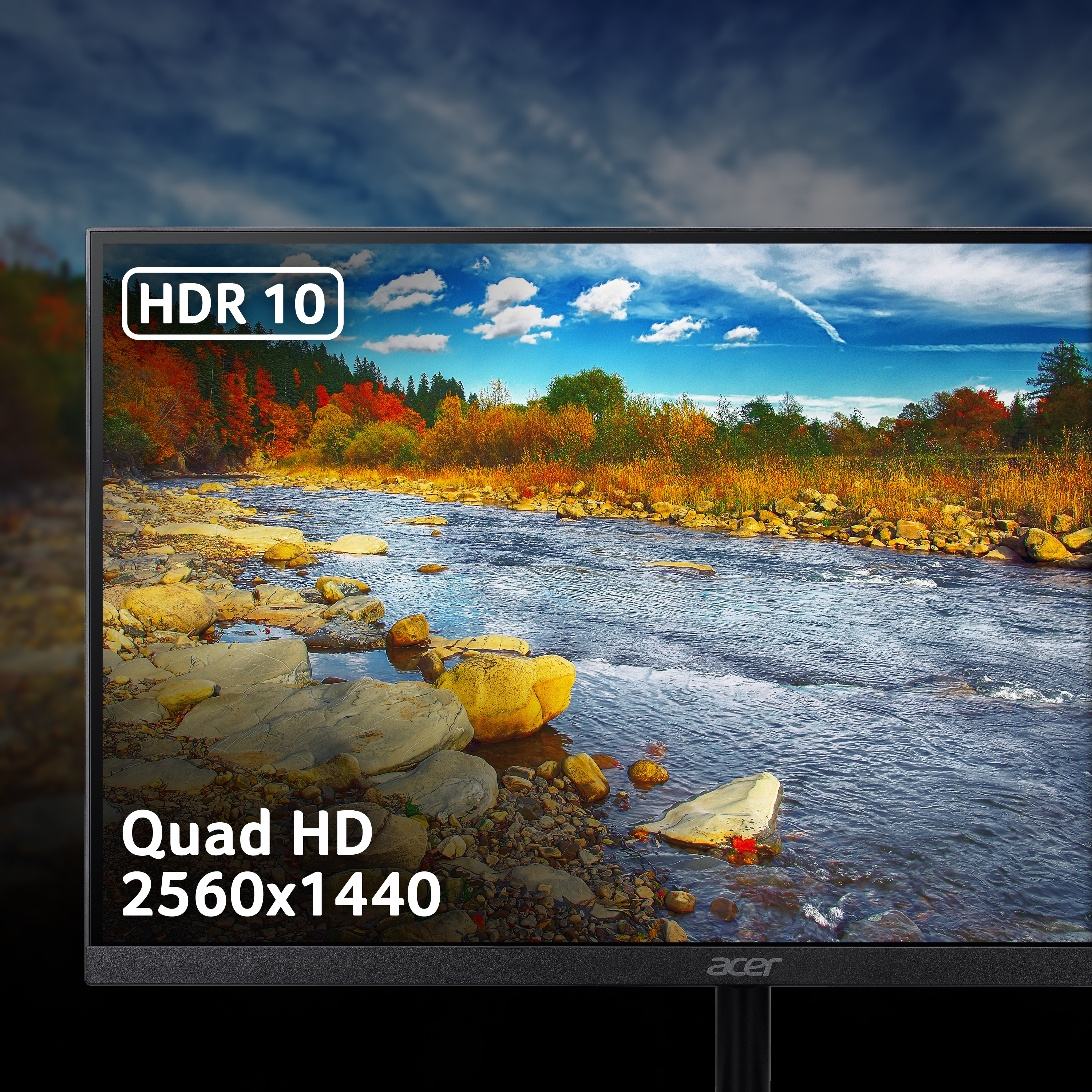 Un monitor Acer che mostra una scena fluviale. Le etichette HDR 10 e Quad HD sono visibili.