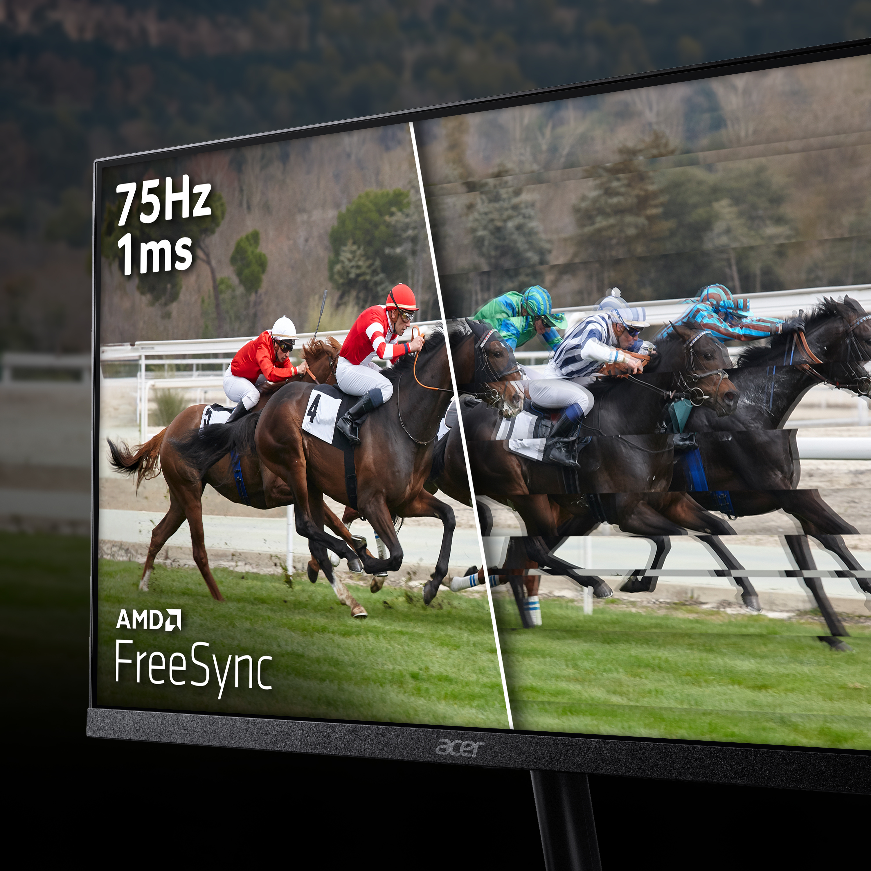 Monitor che mostra una corsa di cavalli, vista divisa. Sovrapposizioni di testo: 75Hz, 1ms, AMD FreeSync, logo Acer.